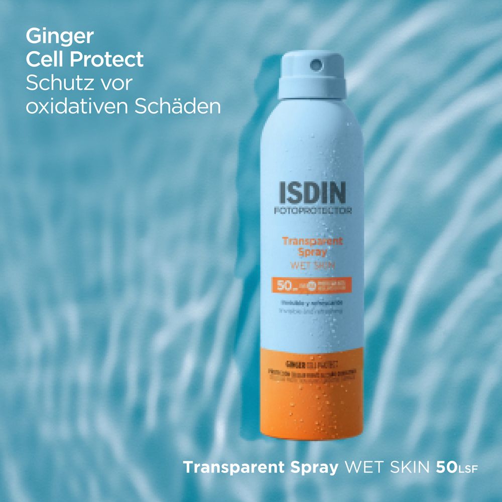 ISDIN Transparent Spray LSF 50. Text, der Schutz vor oxidativen Schäden hervorhebt.