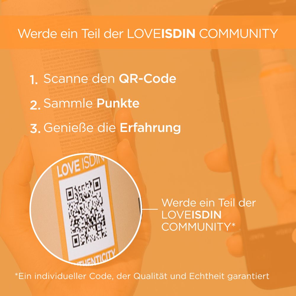 QR-Code auf einer Produktverpackung. Aufforderung zur Teilnahme an der LOVEISDIN COMMUNITY.
