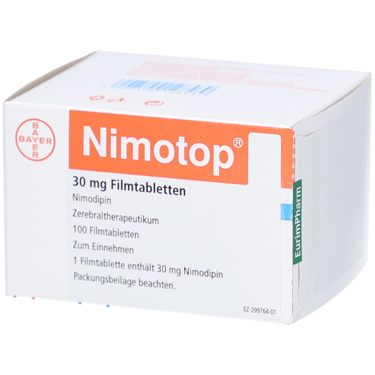 Weiße Schachtel mit roter und blauer Beschriftung. Aufschrift: Nimotop, 30 mg Filmtabletten, Bayer-Logo.