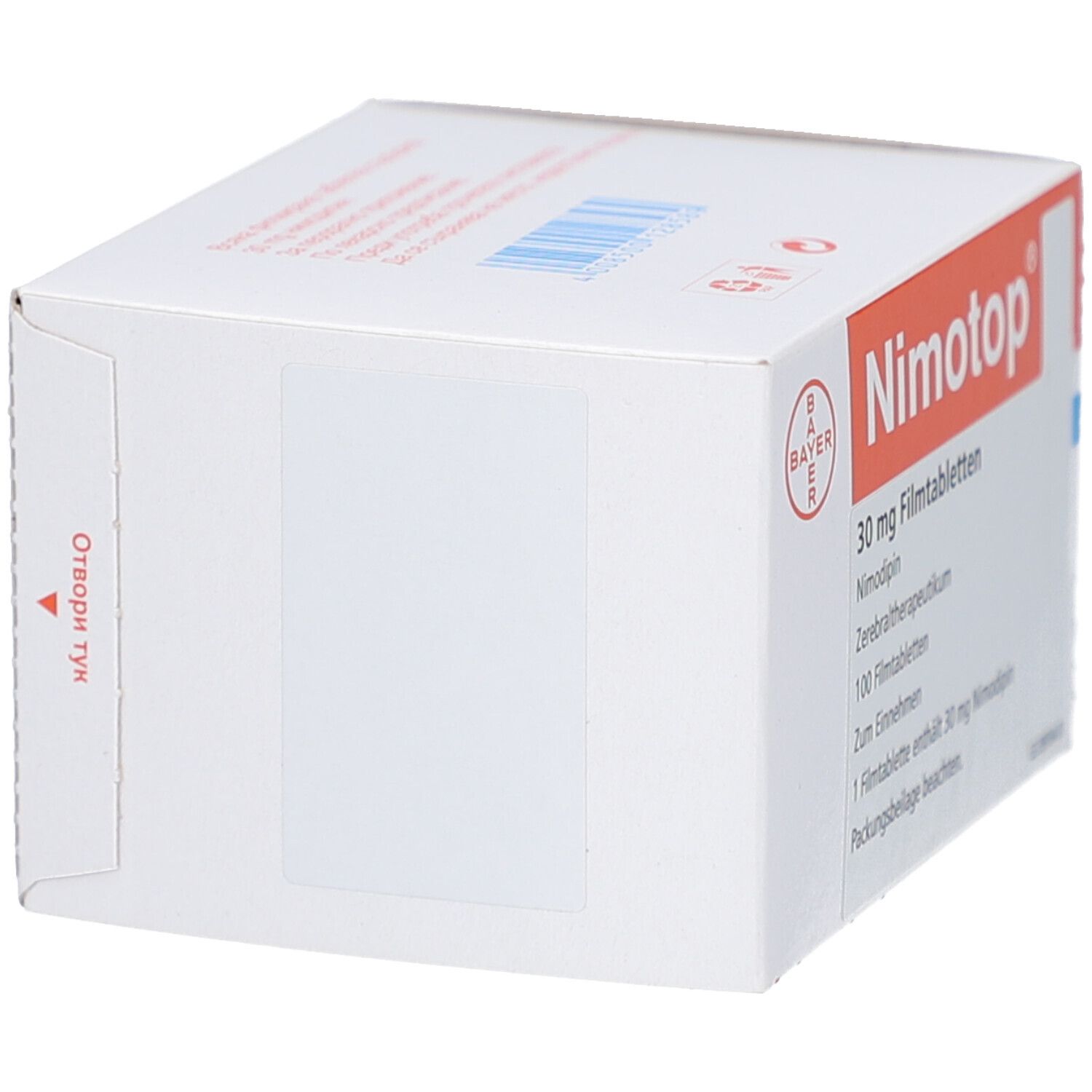 Weiße Schachtel, Seitenansicht. Aufschrift: Nimotop, Bayer-Logo. Mit Aufkleber und Öffnungshinweis.