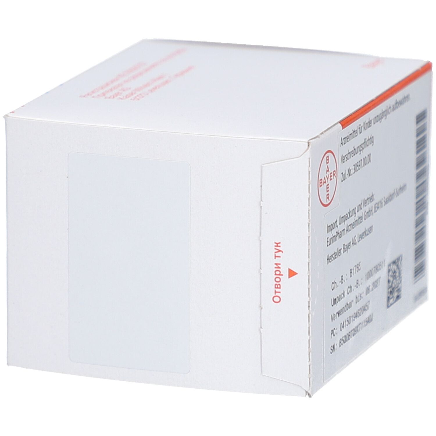 Weiße Schachtel, Seitenansicht. Aufschrift: Bayer-Logo, Öffnungshinweis in roter Schrift.