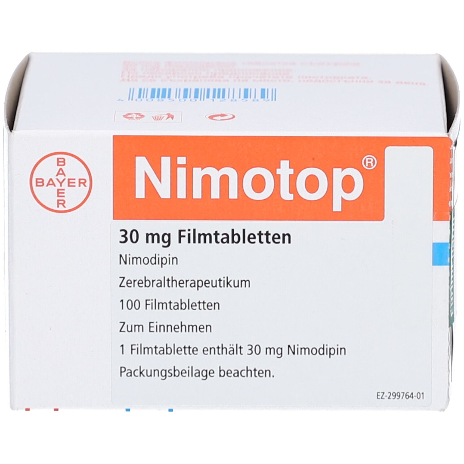 Weiße Schachtel mit roter und blauer Beschriftung. Aufschrift: Nimotop, 30 mg Filmtabletten, Bayer-Logo.