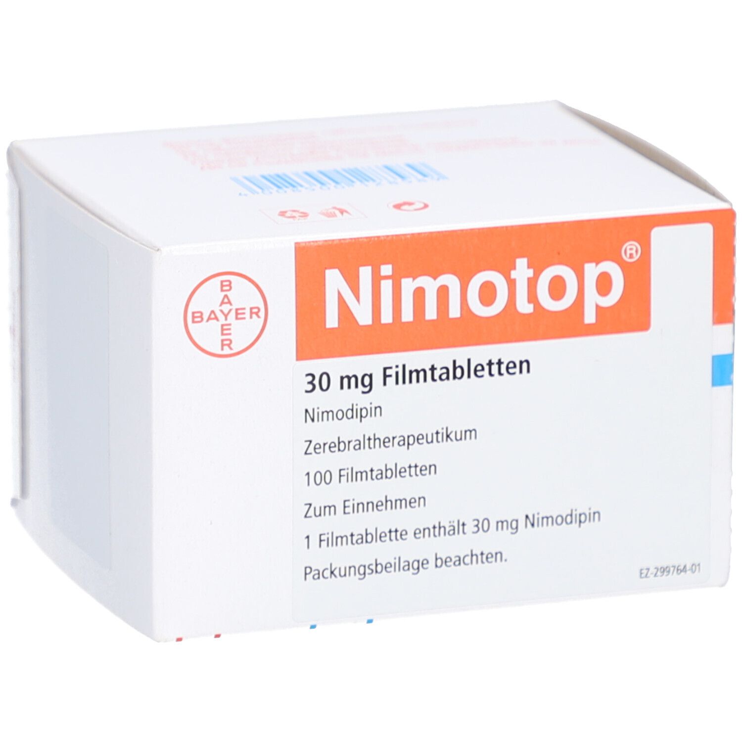 Weiße Schachtel mit roter und blauer Beschriftung. Aufschrift: Nimotop, 30 mg Filmtabletten, Bayer-Logo.