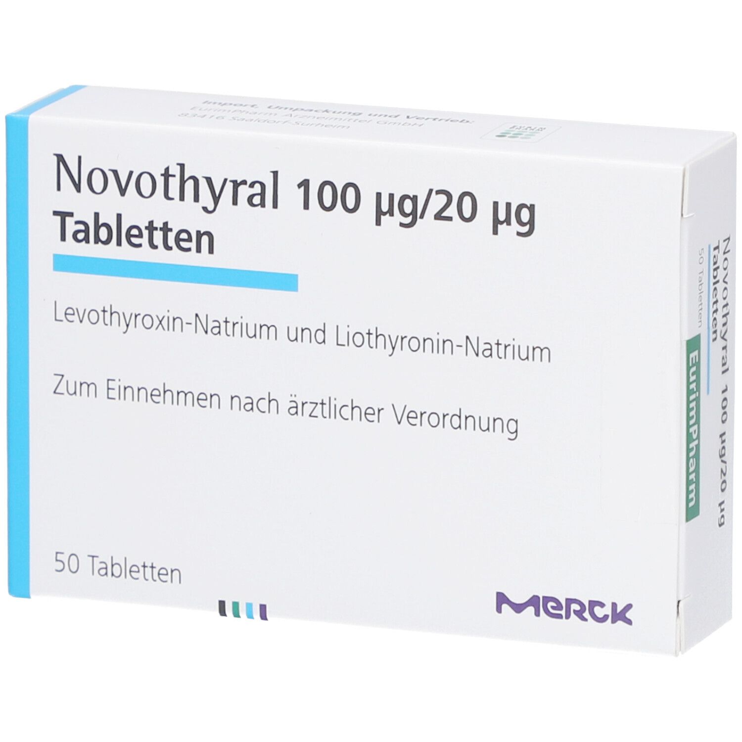 Weiße Tablettenbox mit blauen Akzenten. Aufschrift: Novothyral 100 µg/20 µg Tabletten. Enthält 50 Tabletten. Marke: Merck.