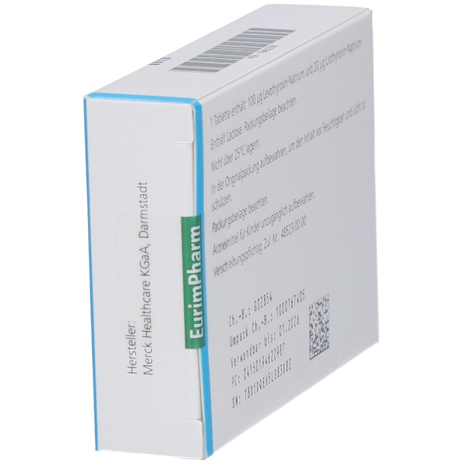 Tablettenbox, Seitenansicht. Herstellerinformationen und Chargennummer. Grün markiert mit EurimPharm. Weiß mit blauen Akzenten.
