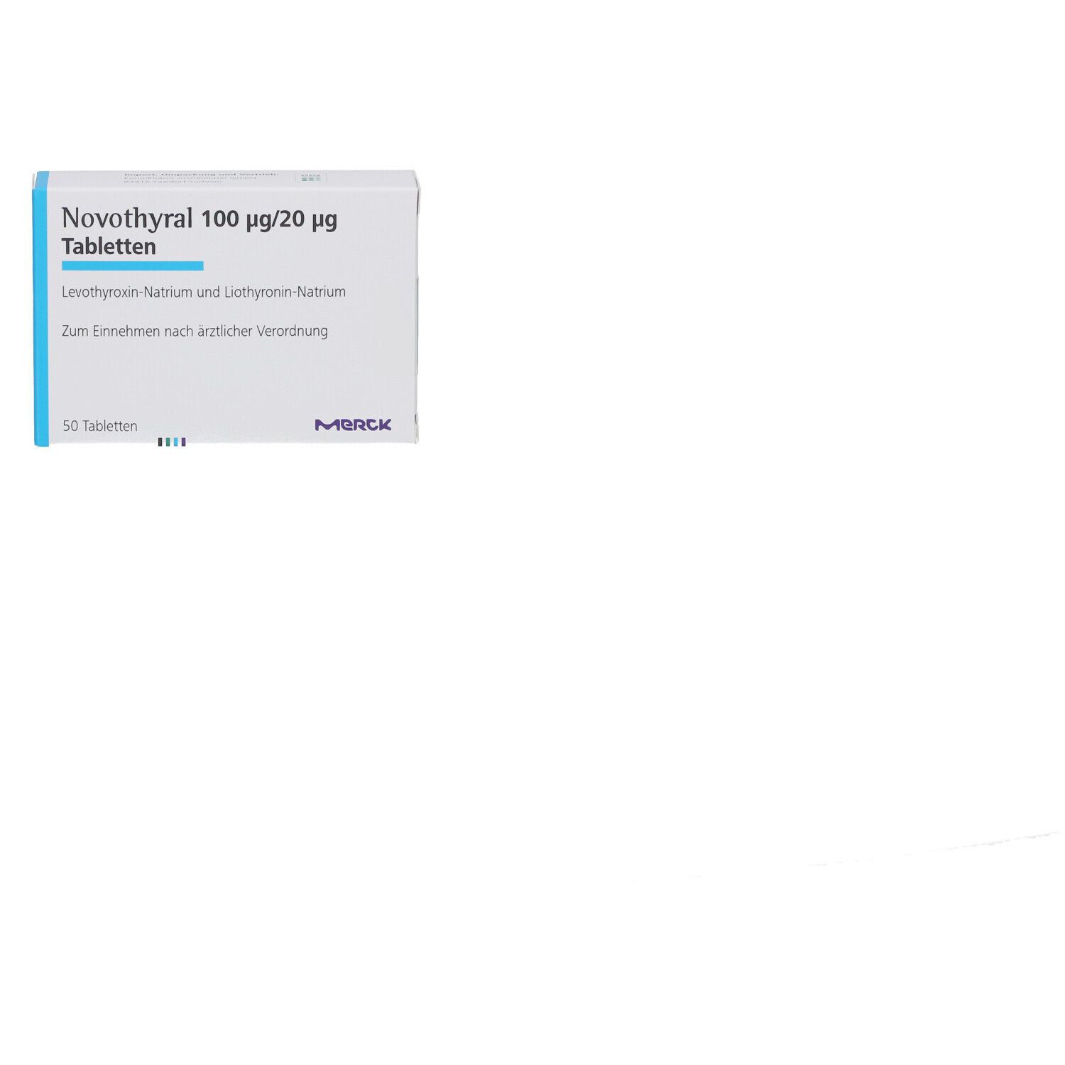 Tablettenbox, weiß mit blauen Akzenten. Aufschrift: Novothyral 100 µg/20 µg Tabletten. Enthält 50 Tabletten. Marke: Merck.