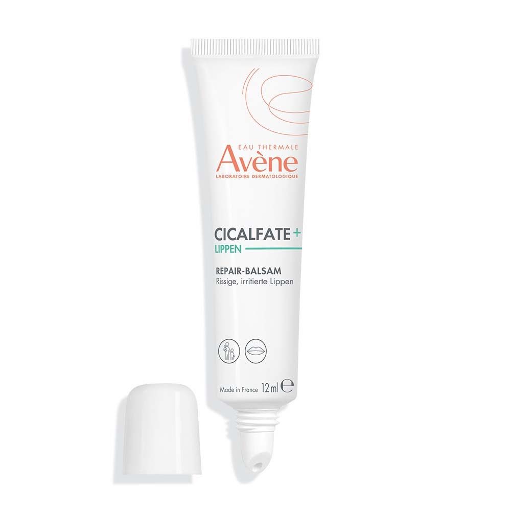 Weiße Tube mit Schraubverschluss. Aufschrift: Avène CICALFATE+ Lippen Repair-Balsam. 12ml.