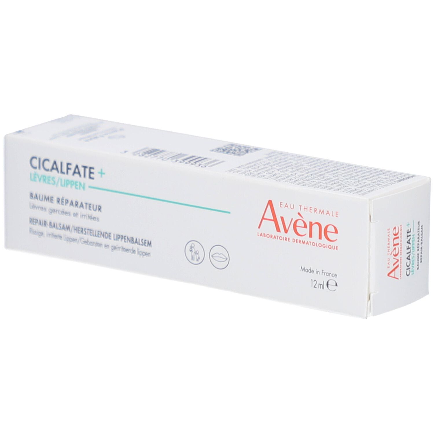 Weiße Schachtel mit AVENE-Logo und CICALFATE+ Lippen Repair-Balsam. Produktname und 12ml-Angabe.