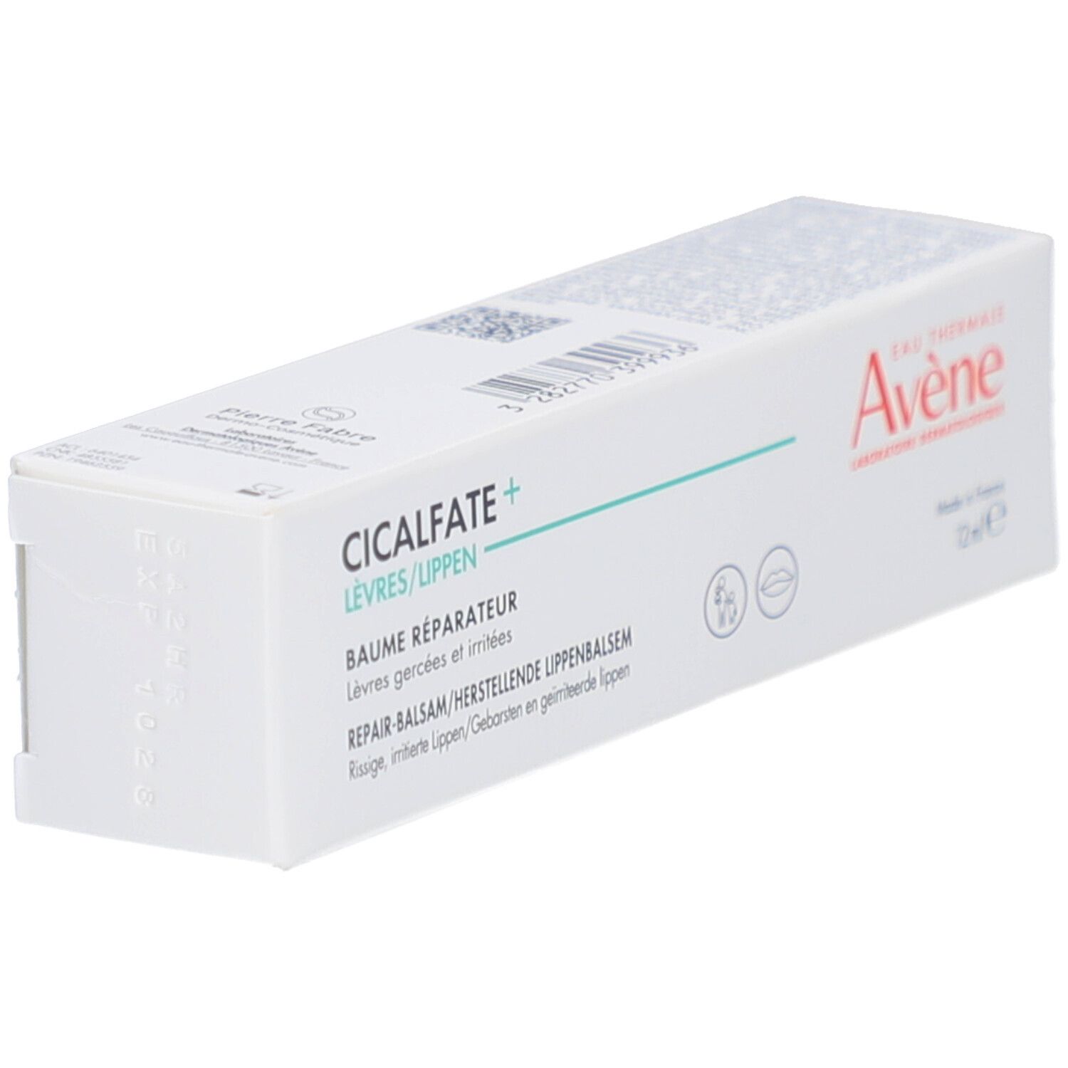 Weiße Schachtel mit AVENE-Logo und CICALFATE+ Lippen Repair-Balsam. Produktname und QR-Code sichtbar.