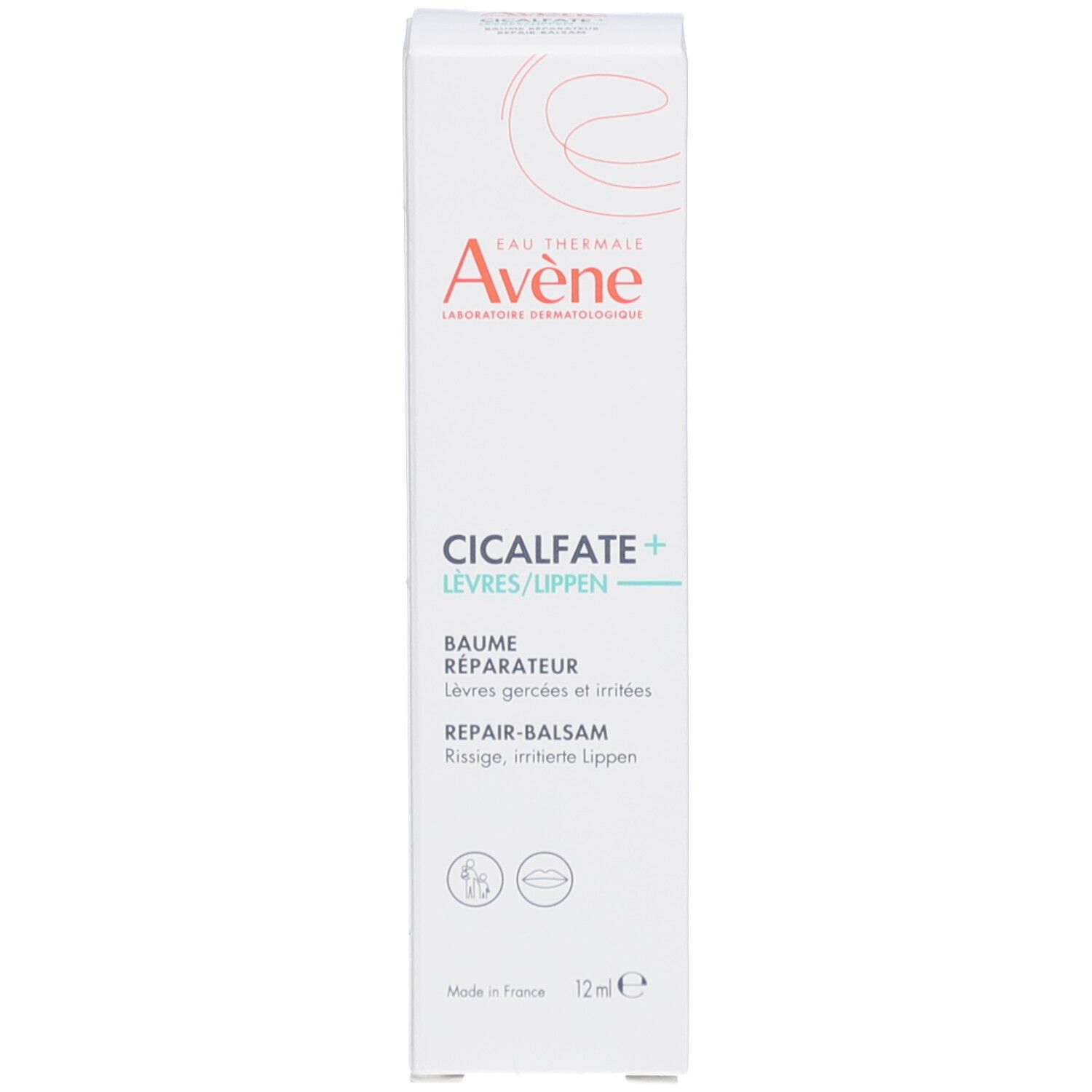 Weiße Schachtel mit AVENE-Logo und CICALFATE+ Lippen Repair-Balsam. Produktname und 12ml-Angabe.