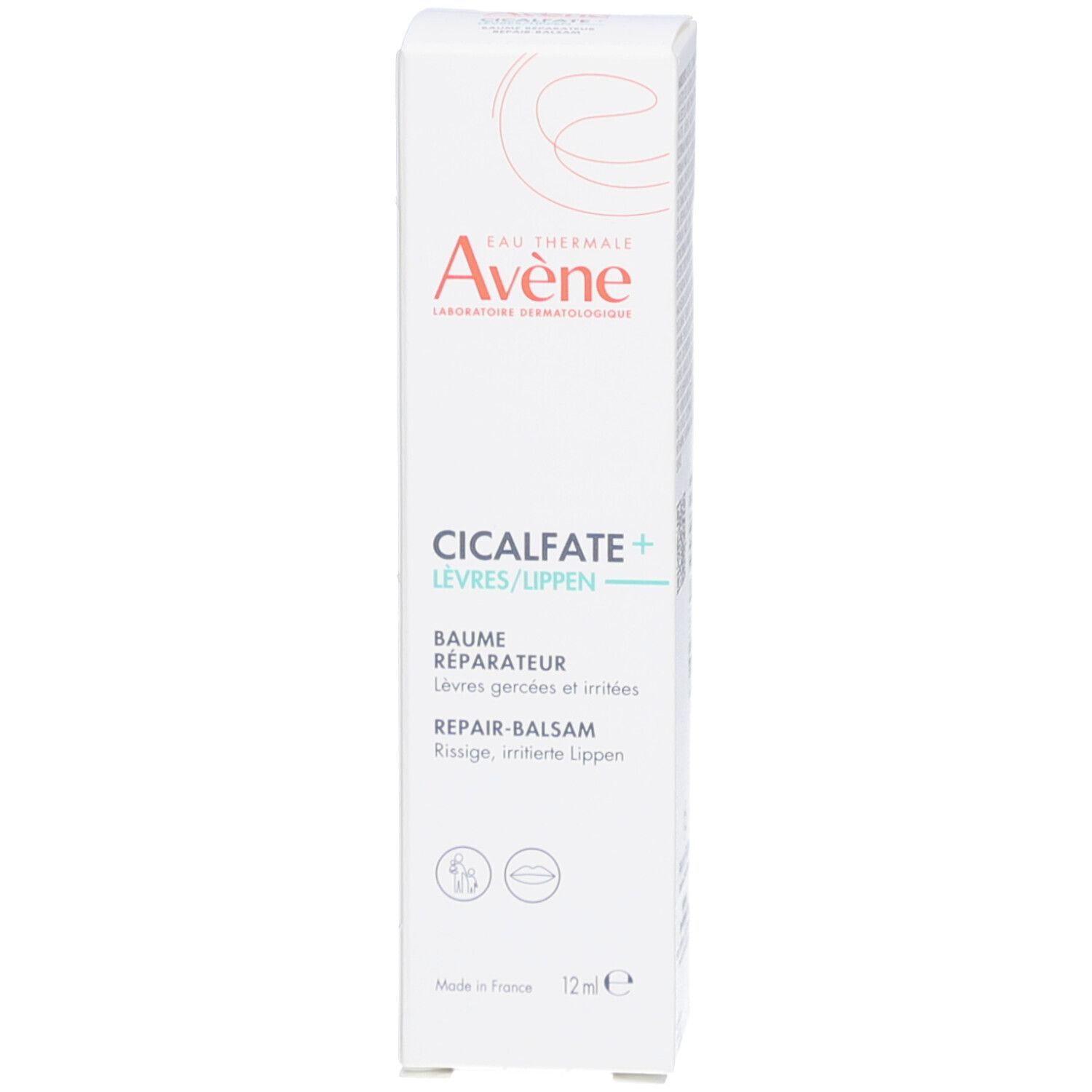 Weiße Schachtel mit AVENE-Logo und CICALFATE+ Lippen Repair-Balsam. Produktname und 12ml-Angabe.