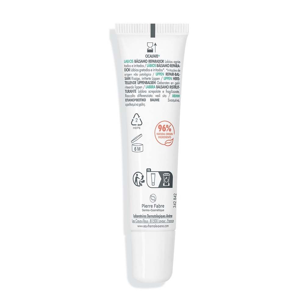 Rückseite der Tube. Aufschrift: Avène CICALFATE+ Lippen Repair-Balsam. Text und Icons. 12ml.
