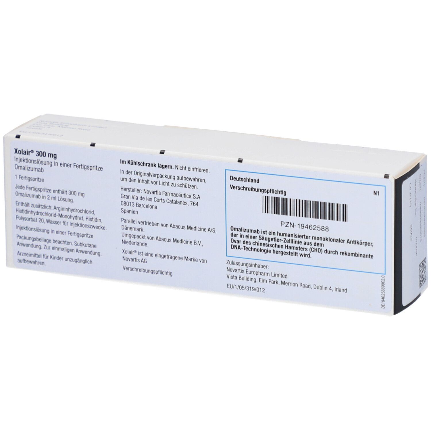Rückseite der Xolair 300 mg Verpackung. Informationen, Herstellerangaben und Barcode.
