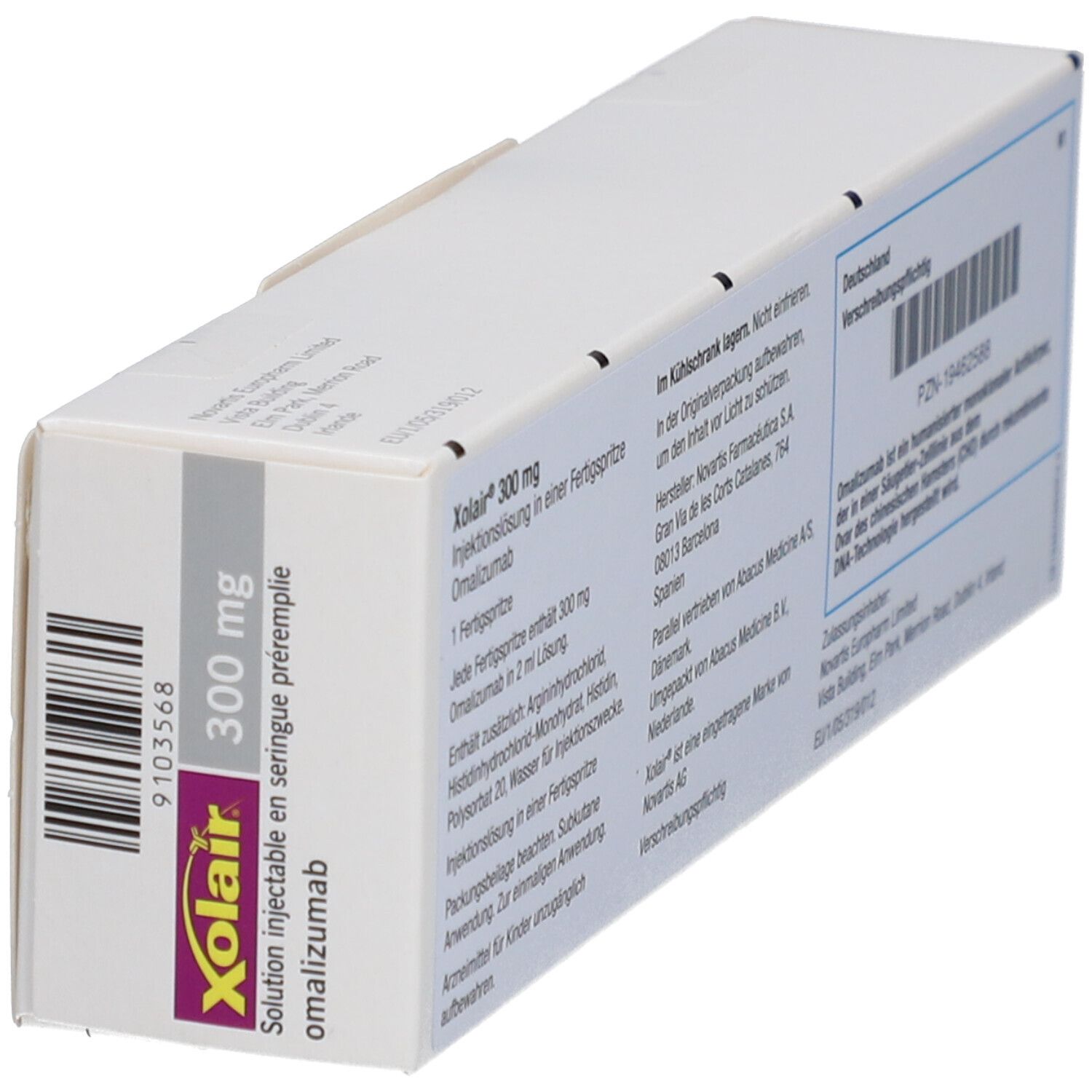 Xolair 300 mg Verpackung. Schrägansicht mit Produktnamen, Dosierung und Barcode.