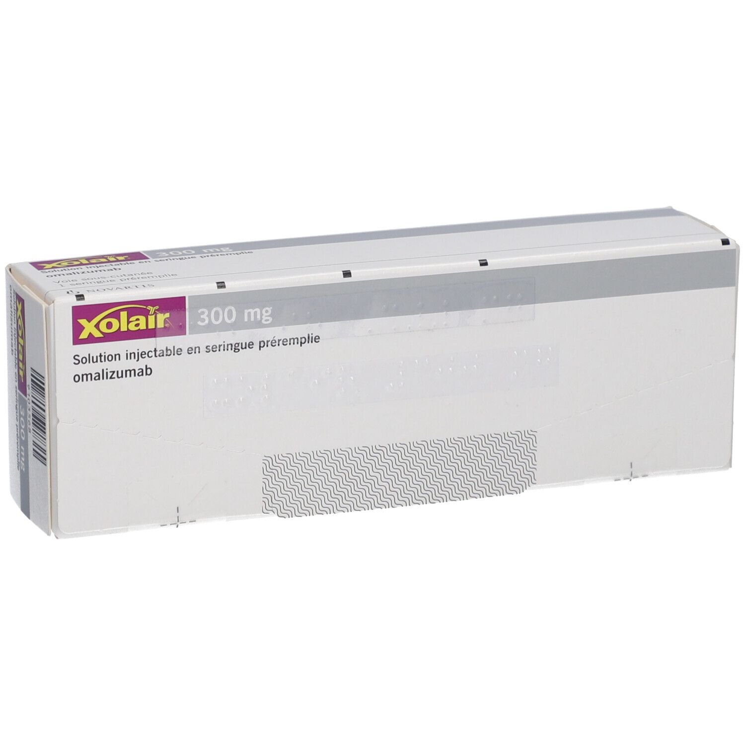 Xolair 300 mg Verpackung. Weiße Schachtel mit Produktnamen und Dosierung.