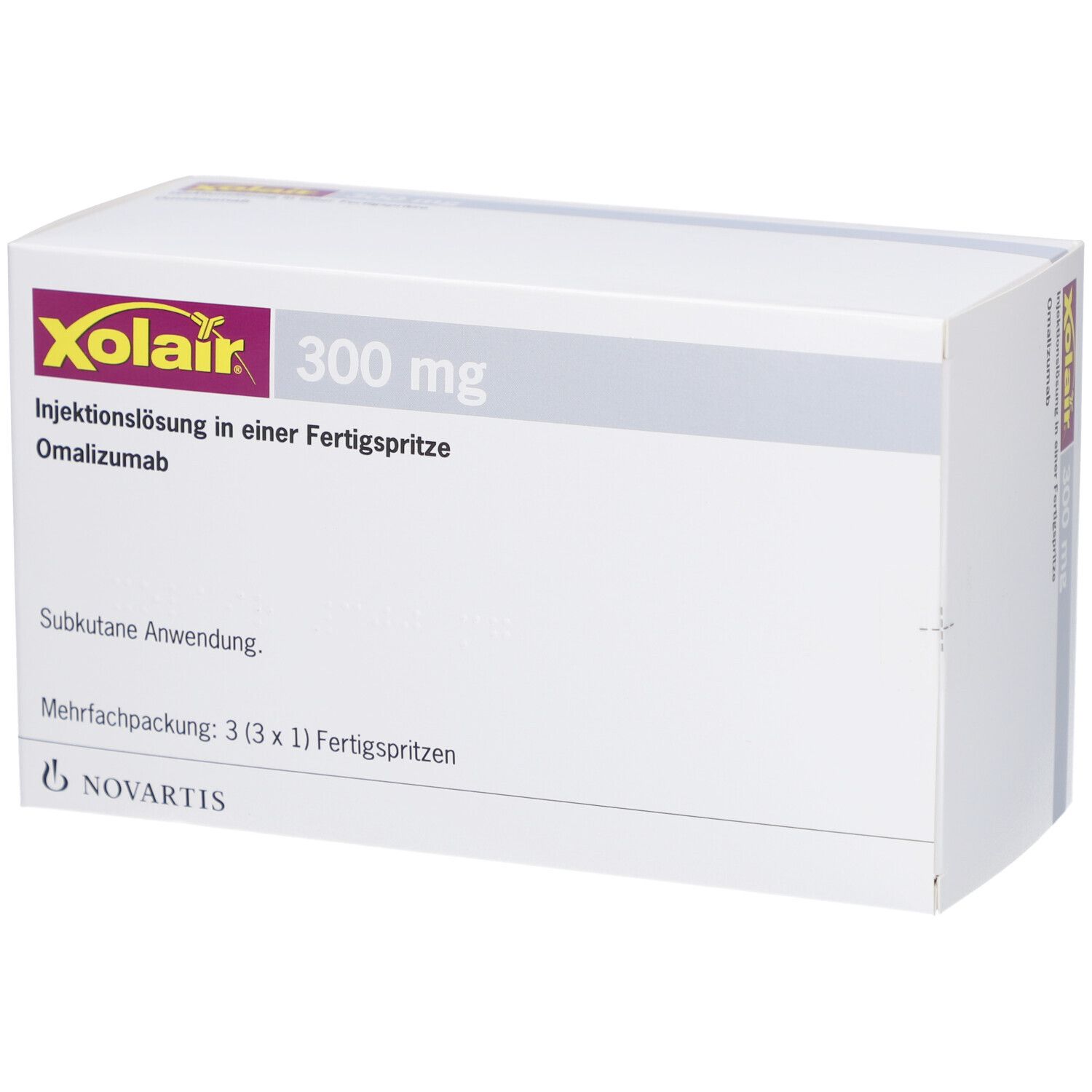 Weiße Verpackung mit Xolair-Logo, 300 mg, Injektionslösung. Mehrfachpackung mit 3 Fertigspritzen. Novartis.