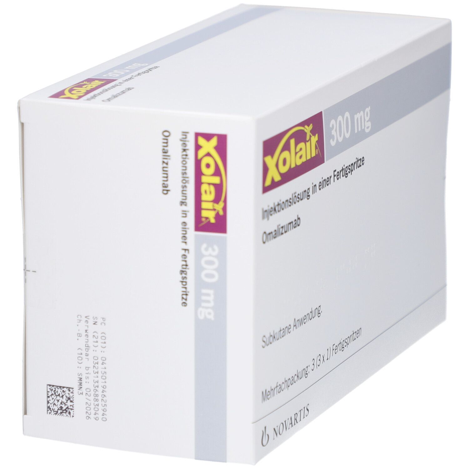 Weiße Verpackung mit Xolair-Logo, 300 mg, Injektionslösung. Mehrfachpackung mit 3 Fertigspritzen. Novartis.