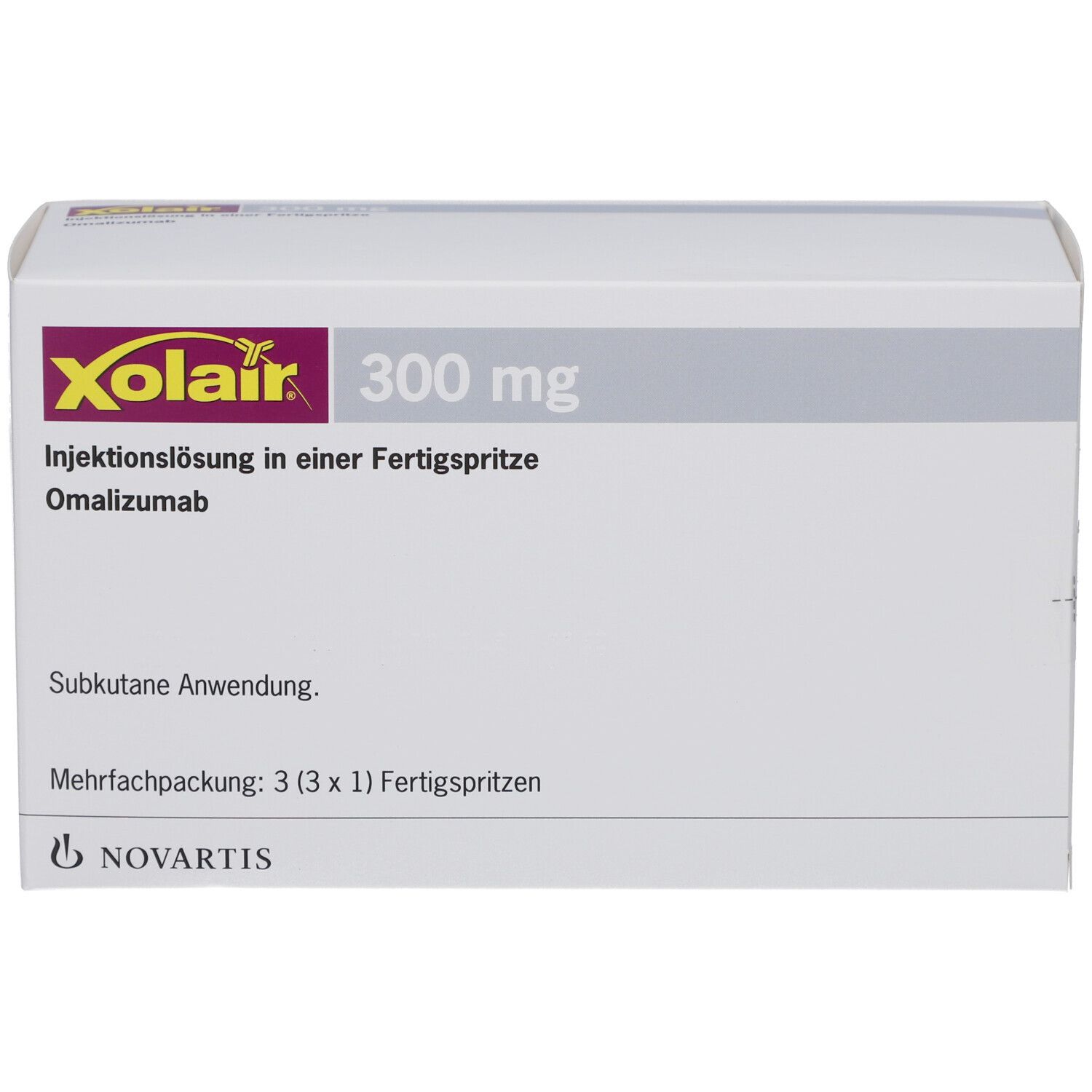 Weiße Verpackung mit Xolair-Logo, 300 mg, Injektionslösung. Mehrfachpackung mit 3 Fertigspritzen. Novartis.