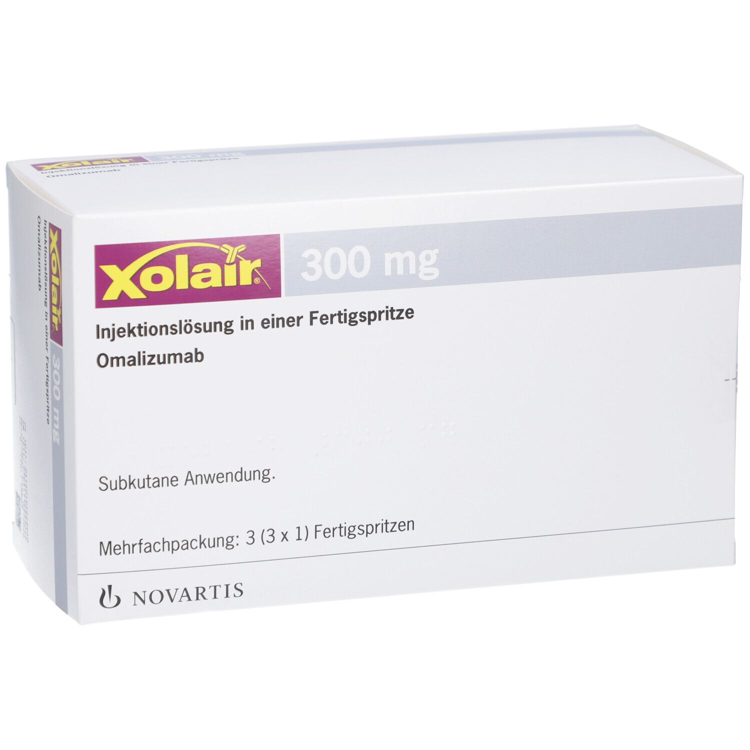 Weiße Verpackung mit Xolair-Logo, 300 mg, Injektionslösung. Mehrfachpackung mit 3 Fertigspritzen. Novartis.