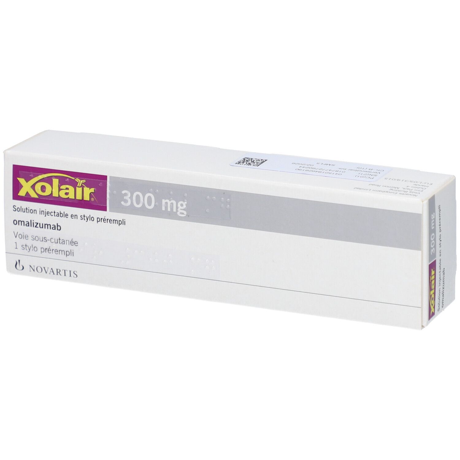Weiße Schachtel mit Xolair-Logo und 300 mg Aufschrift. Enthält Text in Französisch. Novartis-Logo unten.