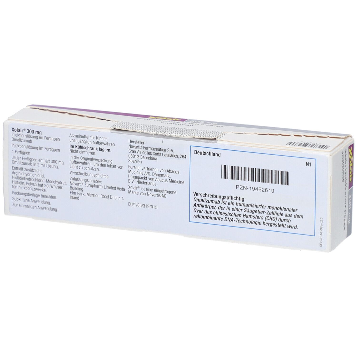 Rückseite der Xolair-Verpackung. Enthält Text in Deutsch und Informationen zu Hersteller und Inhaltsstoffen. Barcode.
