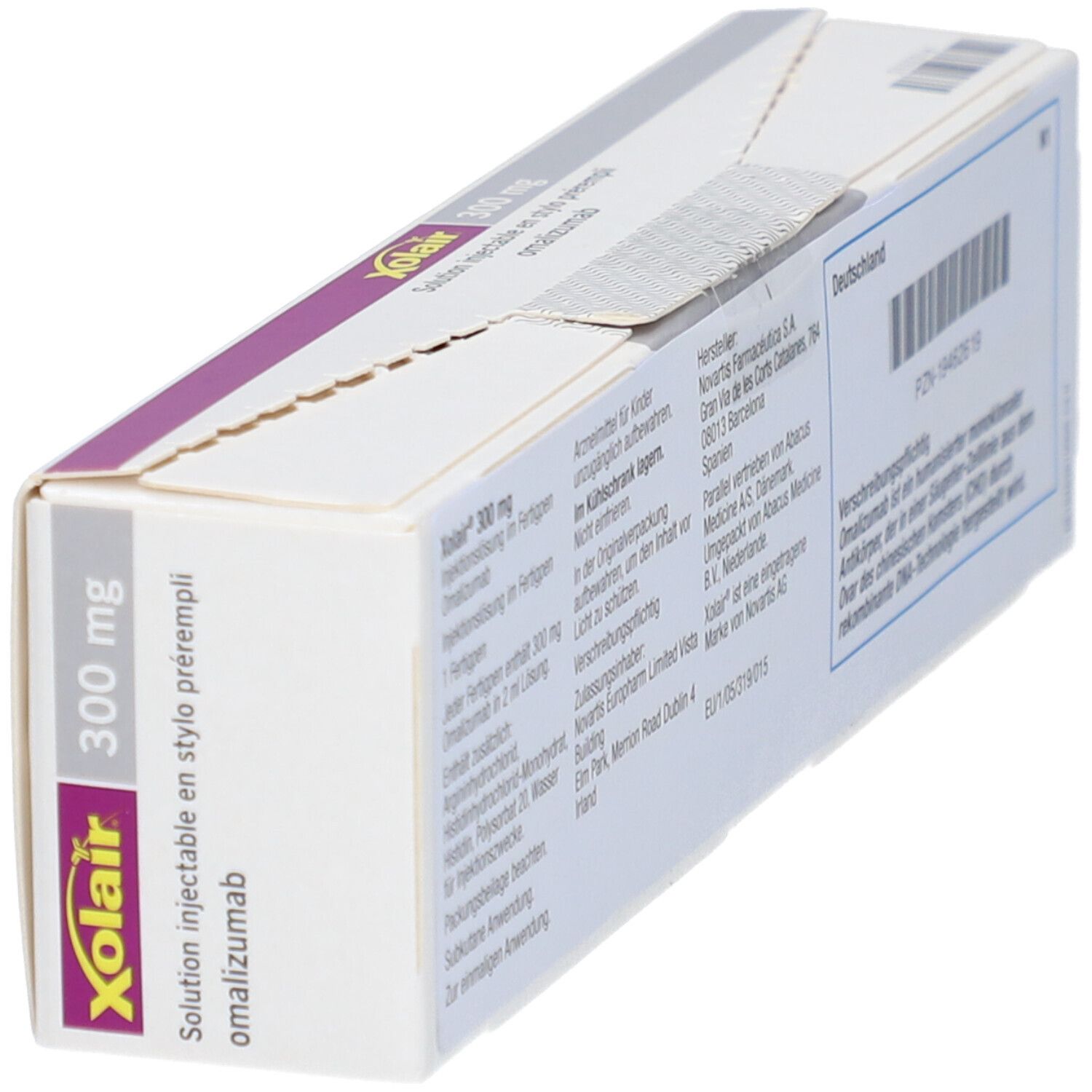 Schachtel mit Xolair-Logo und 300 mg Aufschrift. Enthält Text in Französisch und Deutsch. Perspektivische Ansicht.