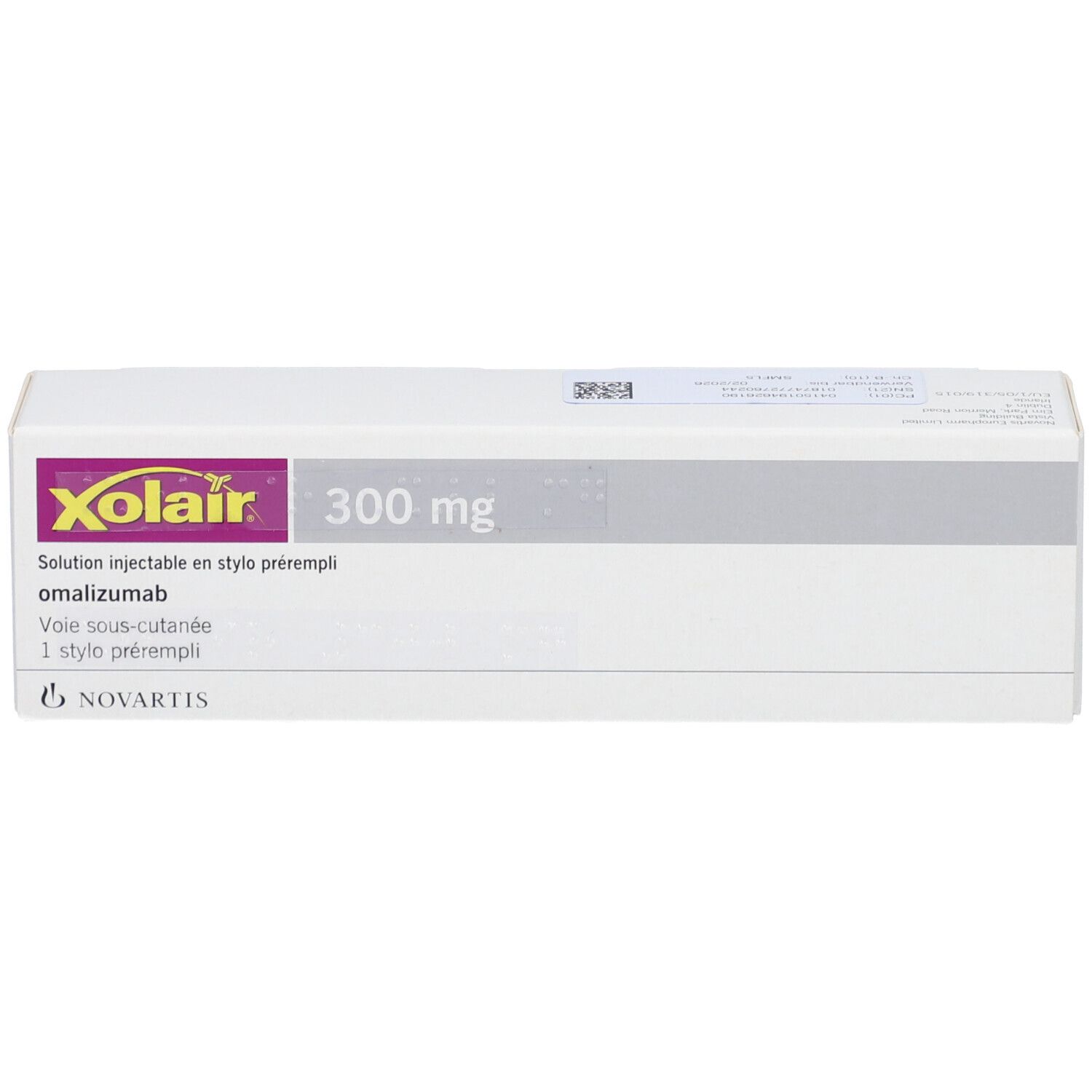 Weiße Schachtel mit Xolair-Logo und 300 mg Aufschrift. Enthält Text in Französisch. Novartis-Logo unten.