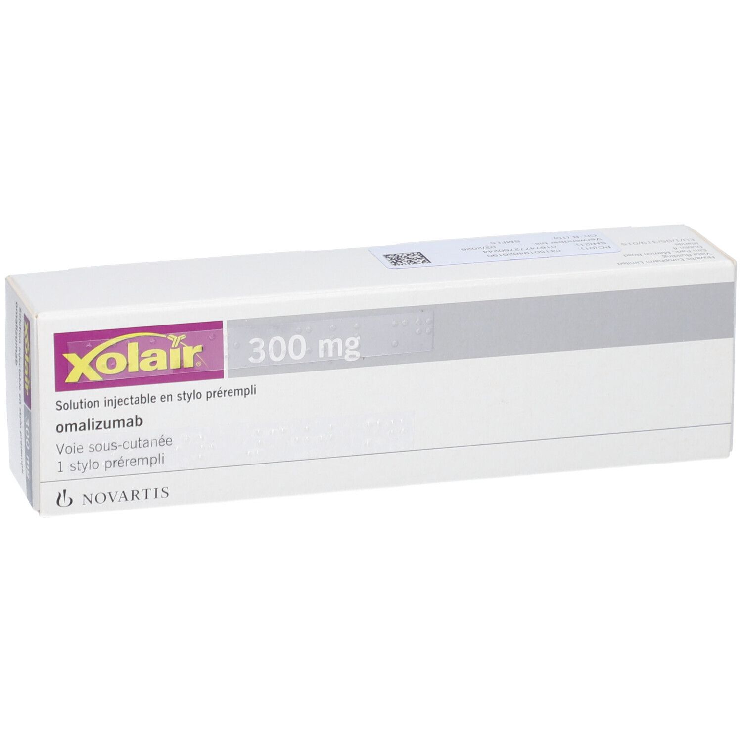 Weiße Schachtel mit Xolair-Logo und 300 mg Aufschrift. Enthält Text in Französisch. Novartis-Logo unten.