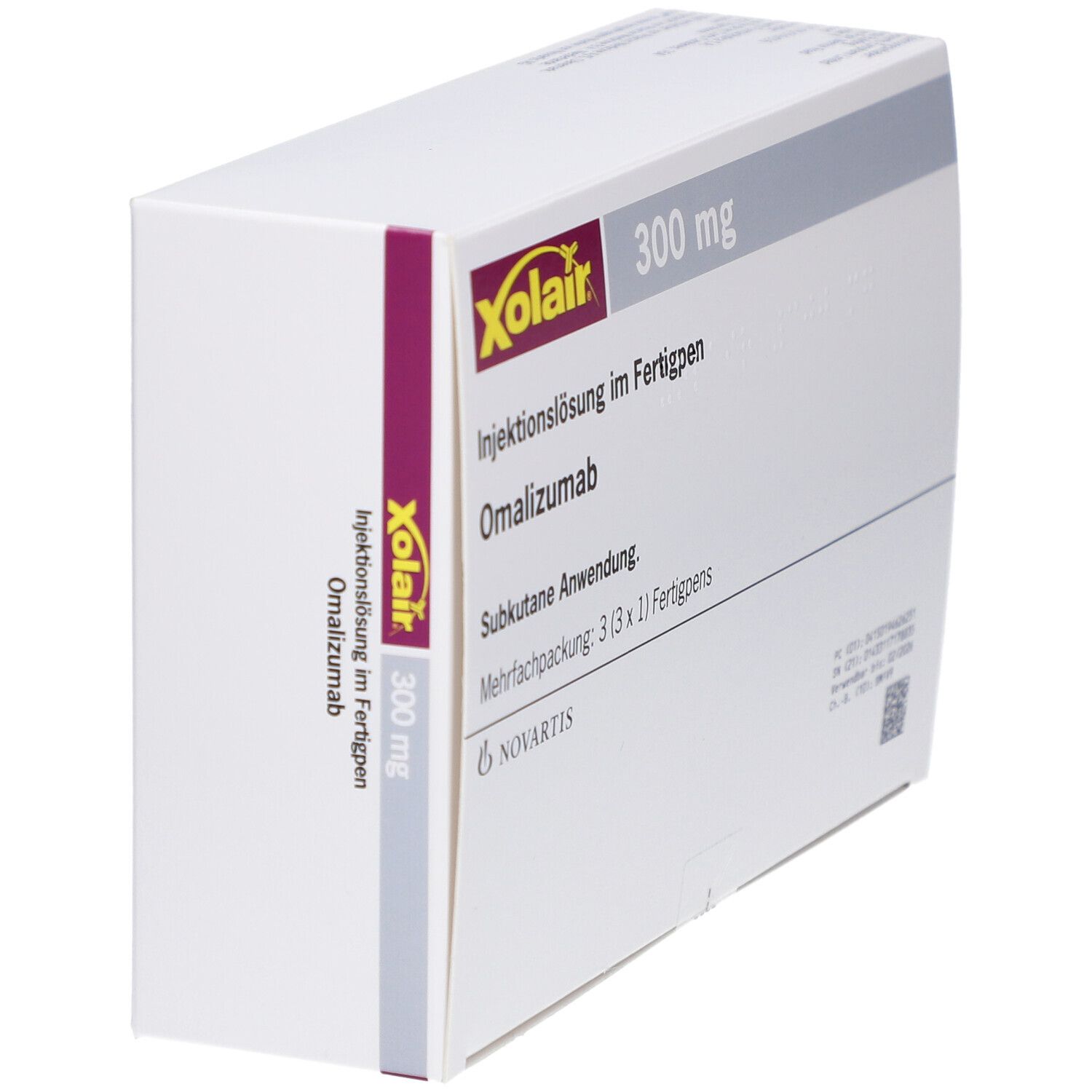 Karton mit Xolair 300 mg Injektionslösung im Fertigpen. Enthält Omalizumab. 6 Fertigpens.