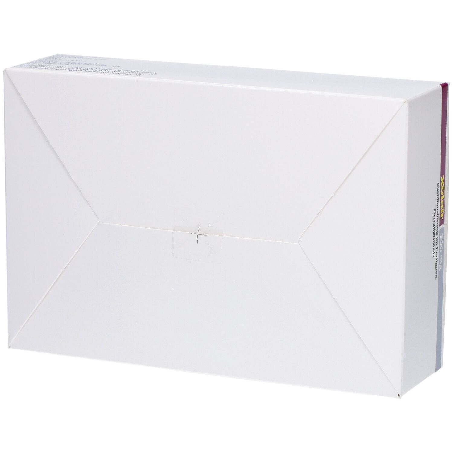 Weiße rechteckige Verpackung. Oberseite mit Falzlinien. Keine Beschriftung sichtbar.