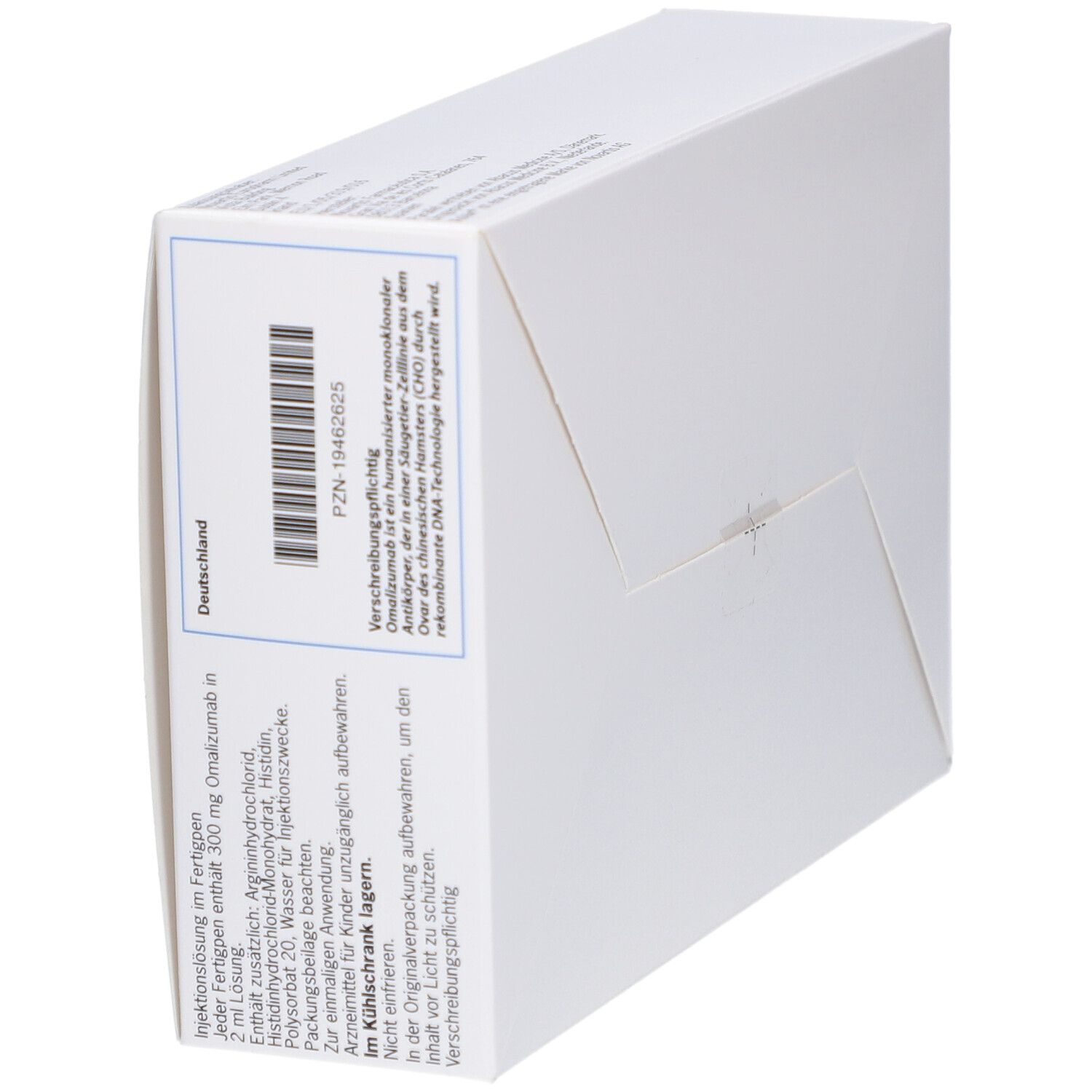Weiße Verpackung mit Text. PZN-Nummer, Herstellerinformationen und Text in deutscher Sprache.