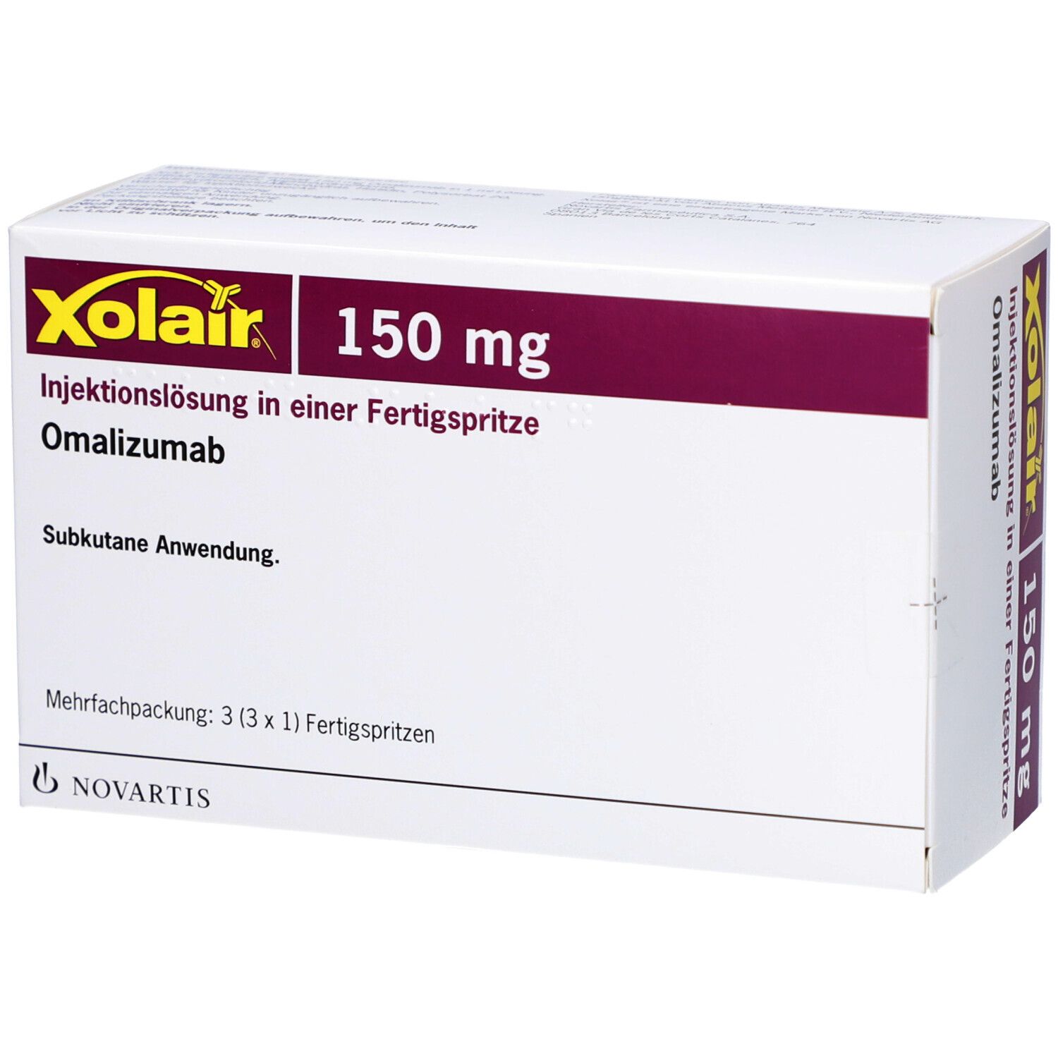 Weiße Schachtel mit Xolair-Logo, 150 mg, Injektionslösung. Mehrfachpackung mit 3 Fertigspritzen. Novartis-Logo.