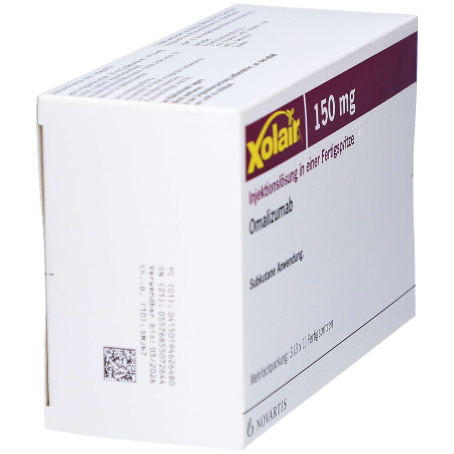 Schachtel Xolair 150 mg, Injektionslösung. Seitenansicht. Barcode und Chargennummer. Novartis-Logo.