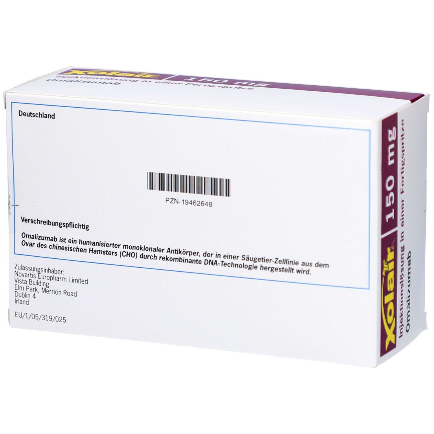 Rückseite der Xolair-Schachtel. Text in Deutsch. Barcode und PZN-Nummer. Novartis-Logo.