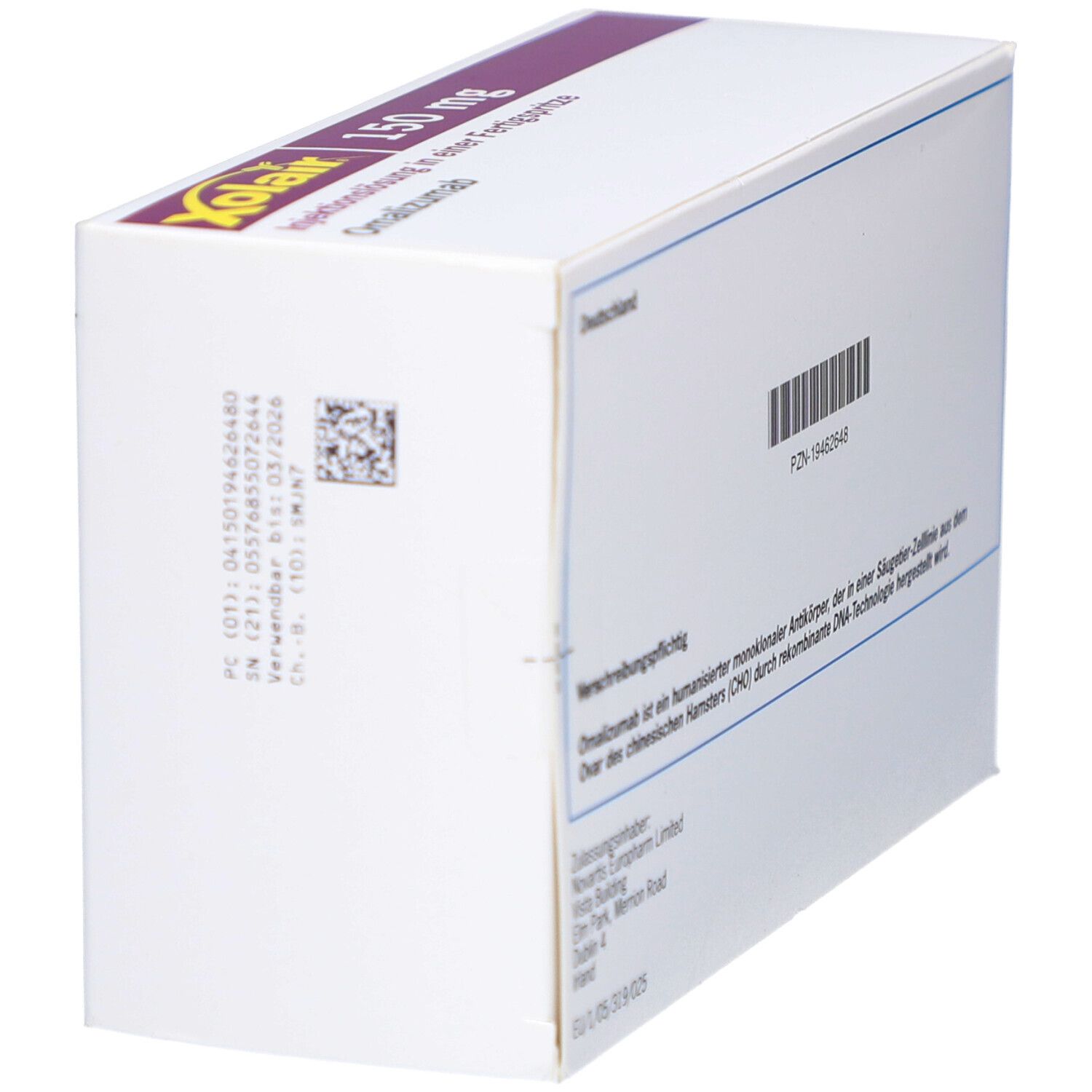 Xolair-Schachtel, Seitenansicht. Barcode und Chargennummer. Text in Deutsch. Novartis-Logo.