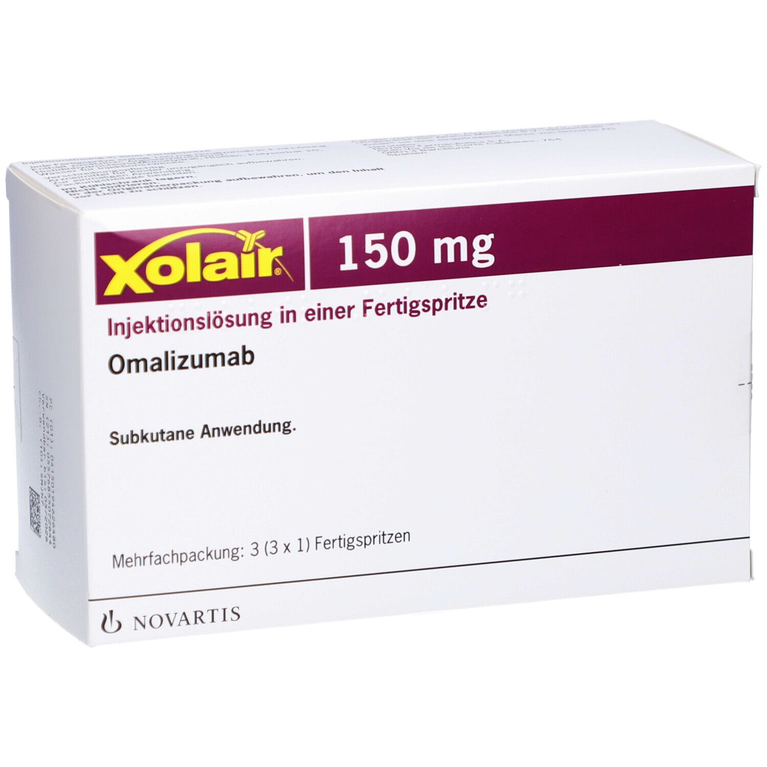 Weiße Schachtel mit Xolair-Logo, 150 mg, Injektionslösung. Mehrfachpackung mit 3 Fertigspritzen. Novartis-Logo.