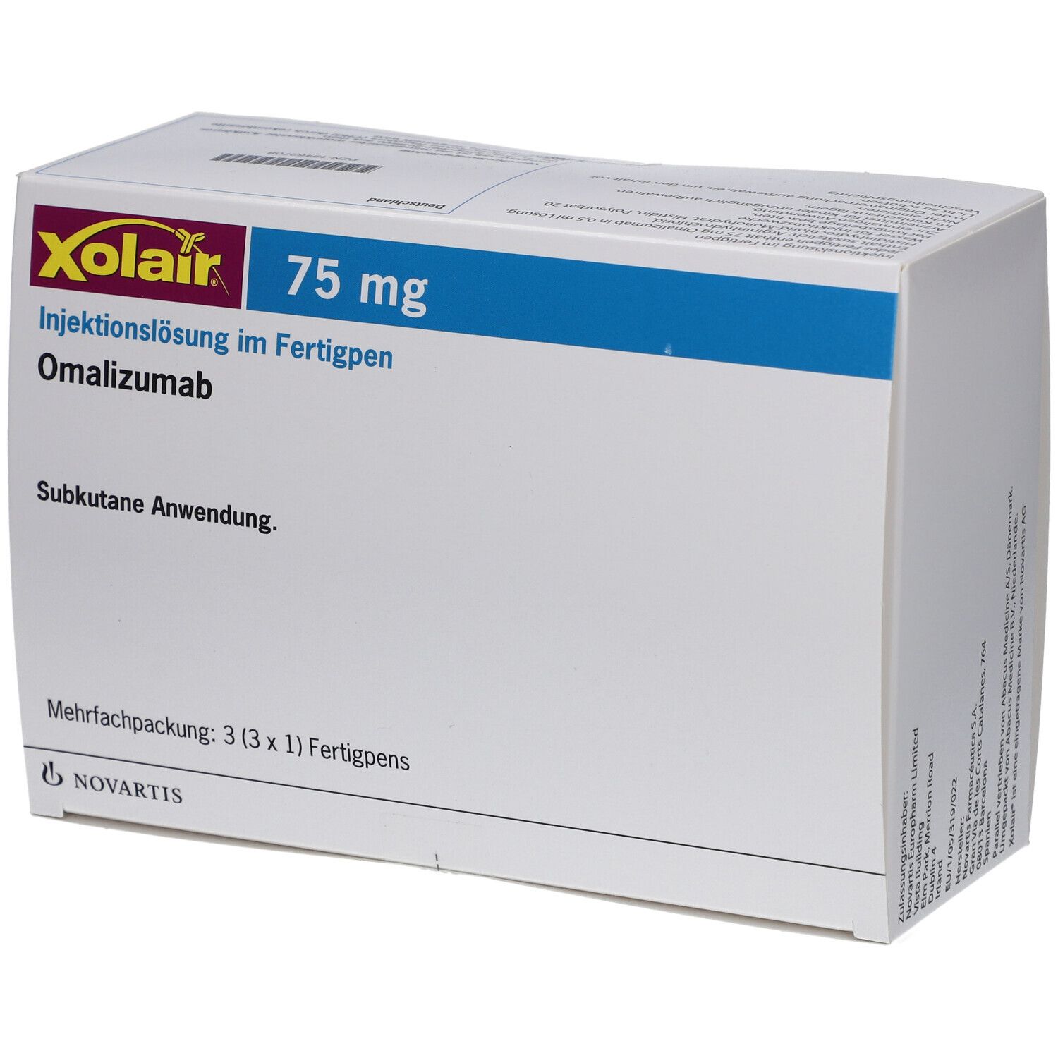 Karton mit Xolair 75 mg Injektionslösung im Fertigpen. Mehrfachpackung mit 3 Fertigpens. Novartis Logo.