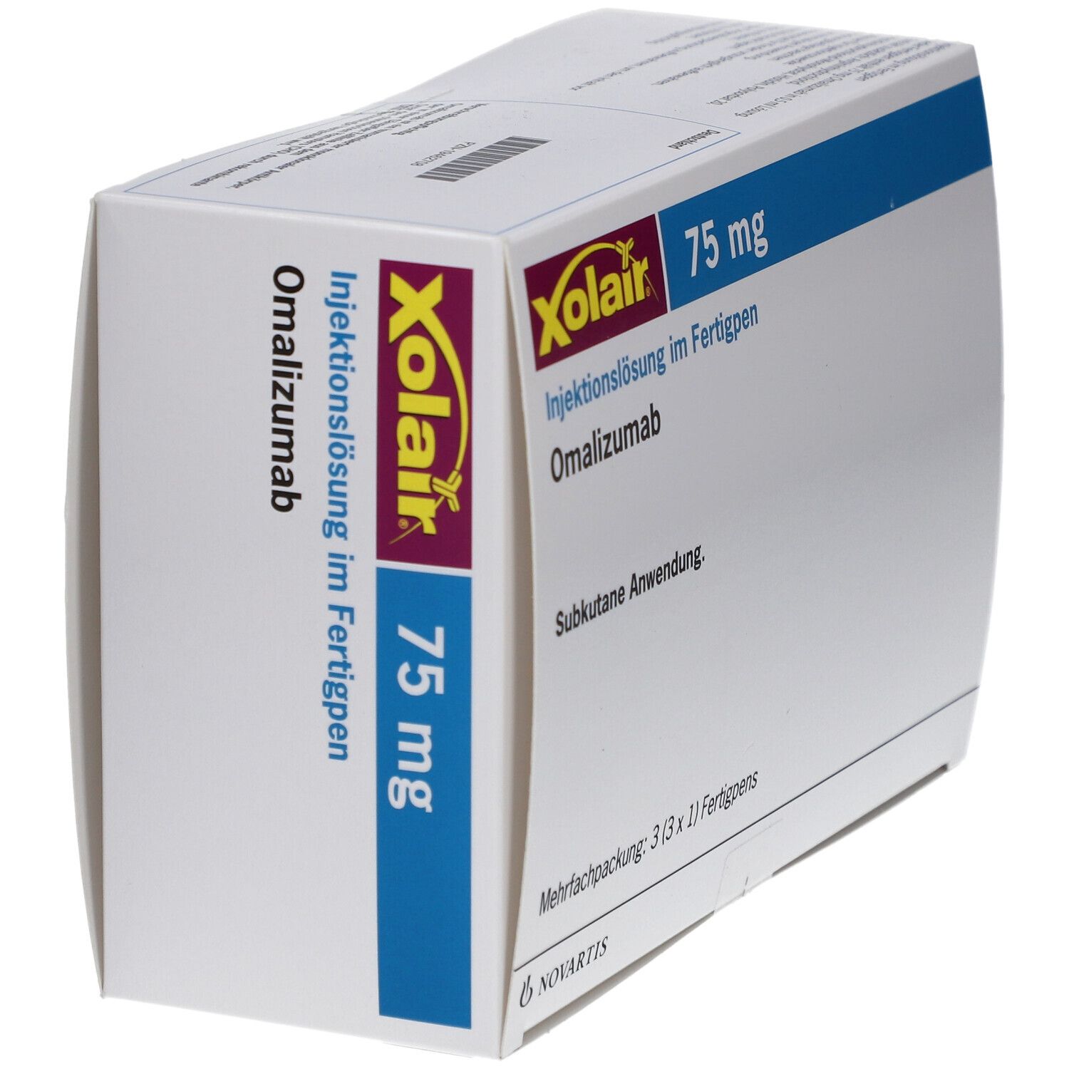 Karton mit Xolair 75 mg Injektionslösung im Fertigpen. Mehrfachpackung mit 6 Fertigpens. Novartis Logo.