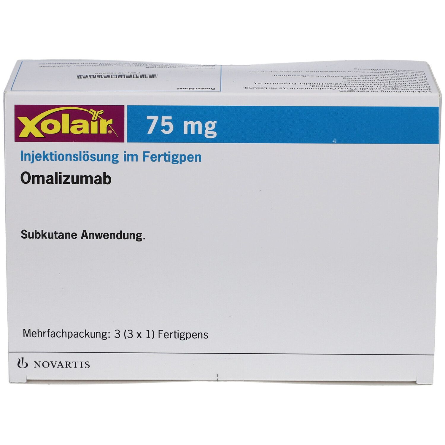 Karton mit Xolair 75 mg Injektionslösung im Fertigpen. Blaue Markierung. Mehrfachpackung mit 3 Pens.
