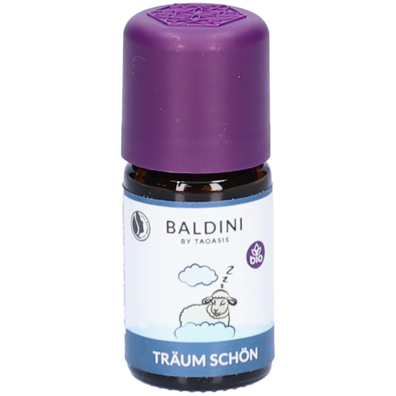 Braune Glasflasche mit lila Verschluss. Aufkleber mit Schaf-Illustration und Text: Träum Schön, Baldini.
