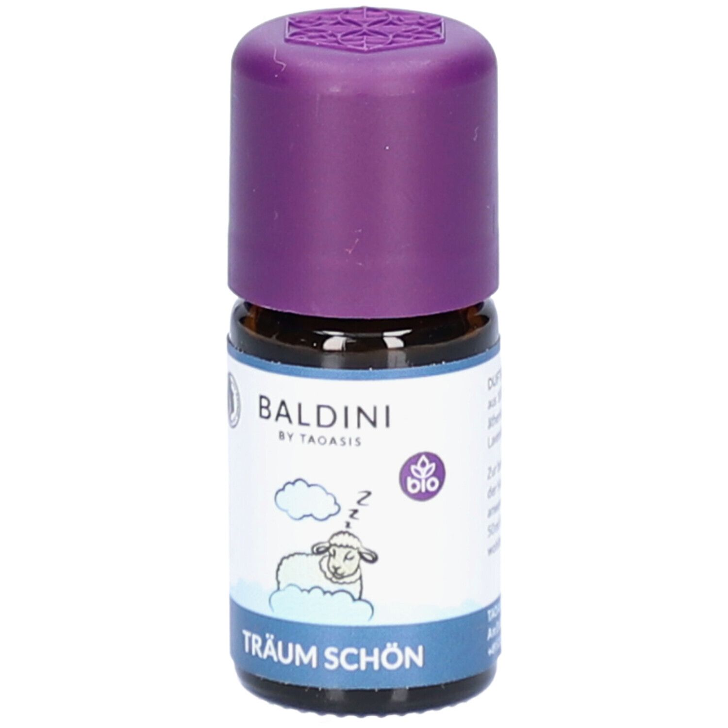 Braune Glasflasche mit lila Verschluss. Etikett mit Schaf-Illustration und Text: Träum Schön, Baldini.