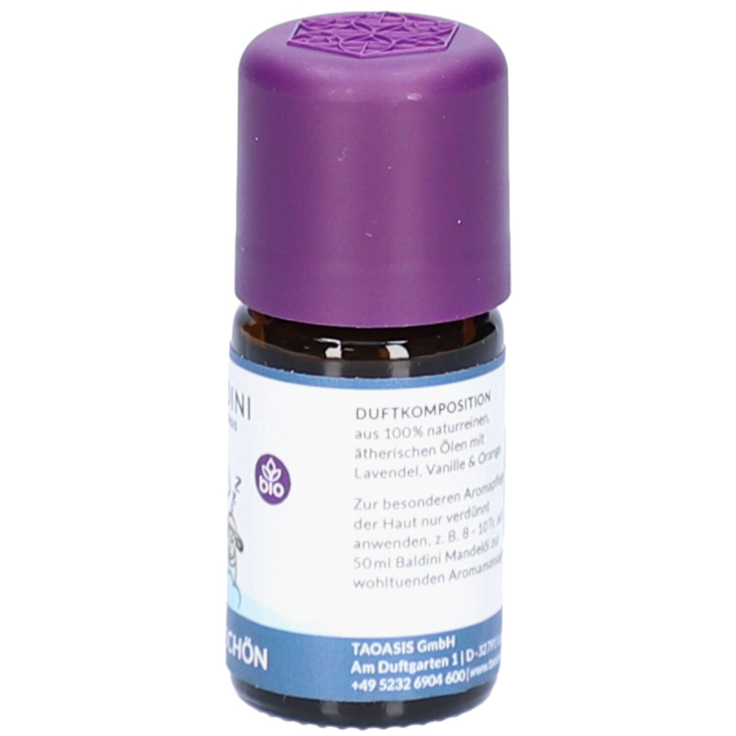 Braune Glasflasche mit lila Verschluss. Etikett mit Text: Duftkomposition, Baldini, Bio-Siegel.