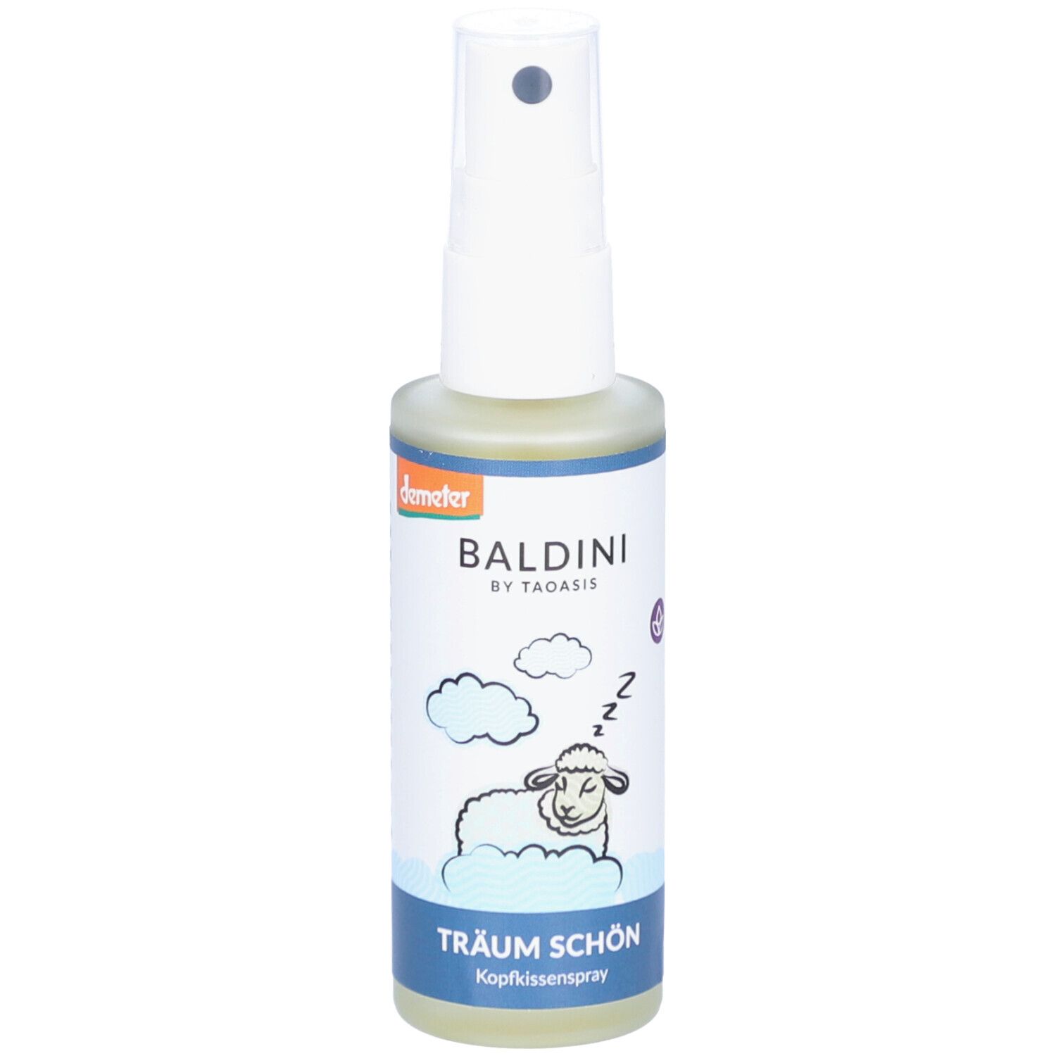 Kopfkissenspray-Flasche mit Sprühkopf. Aufschrift: Baldini, Träum Schön. Motiv: Schlafendes Schaf und Wolken.