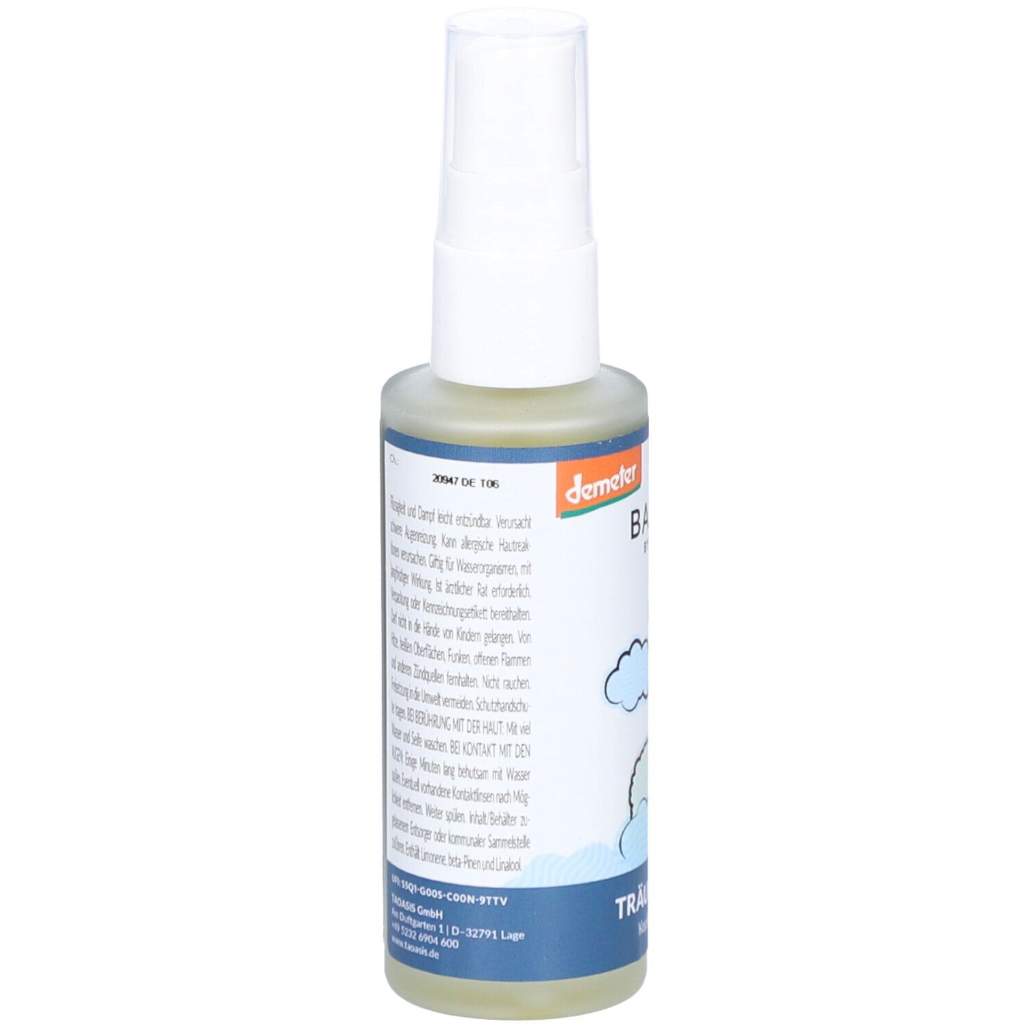 Kopfkissenspray-Flasche. Rückseite mit Text, Inhaltsstoffen und Warnhinweisen. Demeter-Logo. Baldini-Logo.