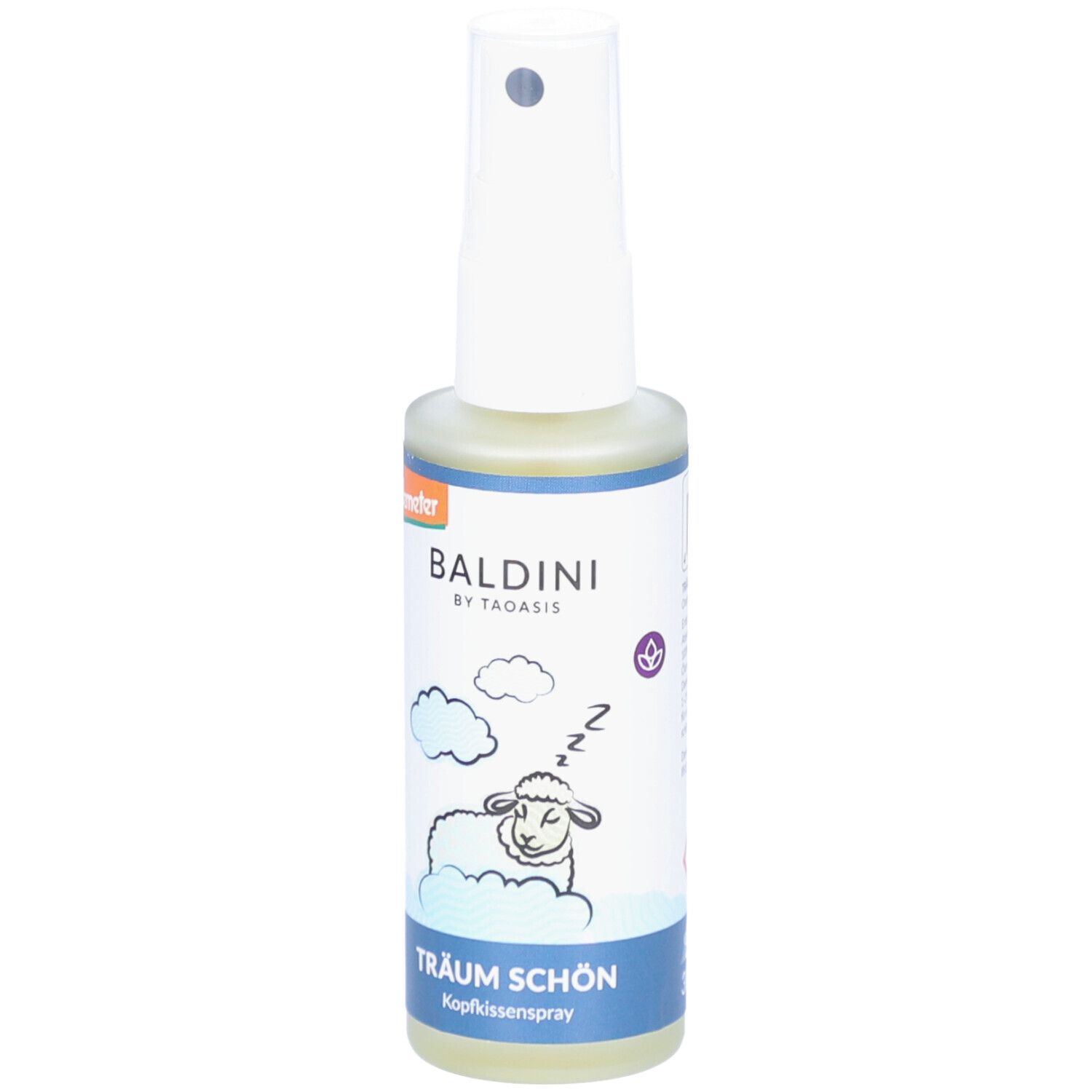 Kopfkissenspray-Flasche mit Sprühkopf. Aufschrift: Baldini, Träum Schön. Motiv: Schlafendes Schaf und Wolken. Demeter-Logo.