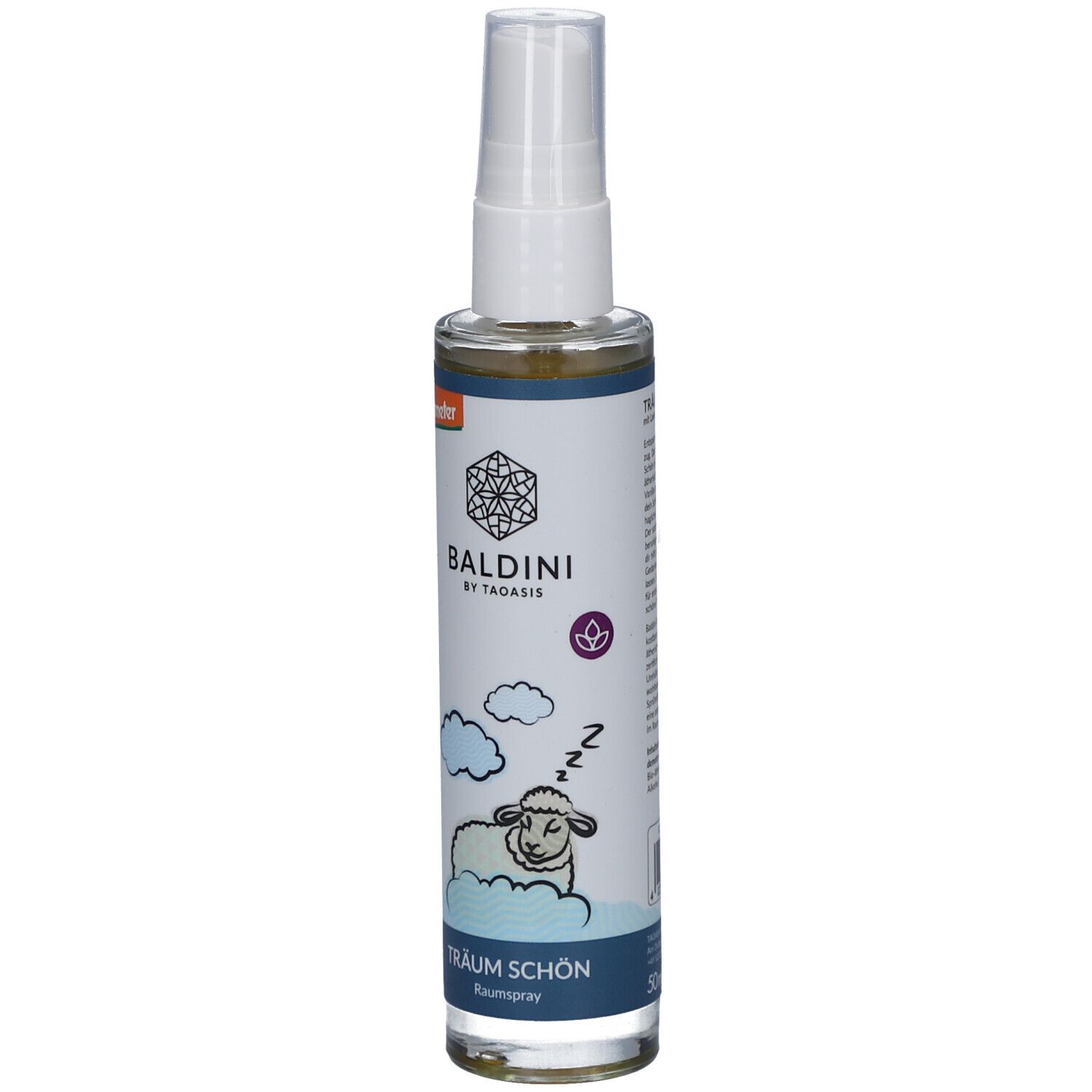 Zylindrische Flasche mit Sprühkopf. Aufschrift BALDINI, darunter ein schlafendes Schaf und Wolken. Text: TRÄUM SCHÖN Raumspray.