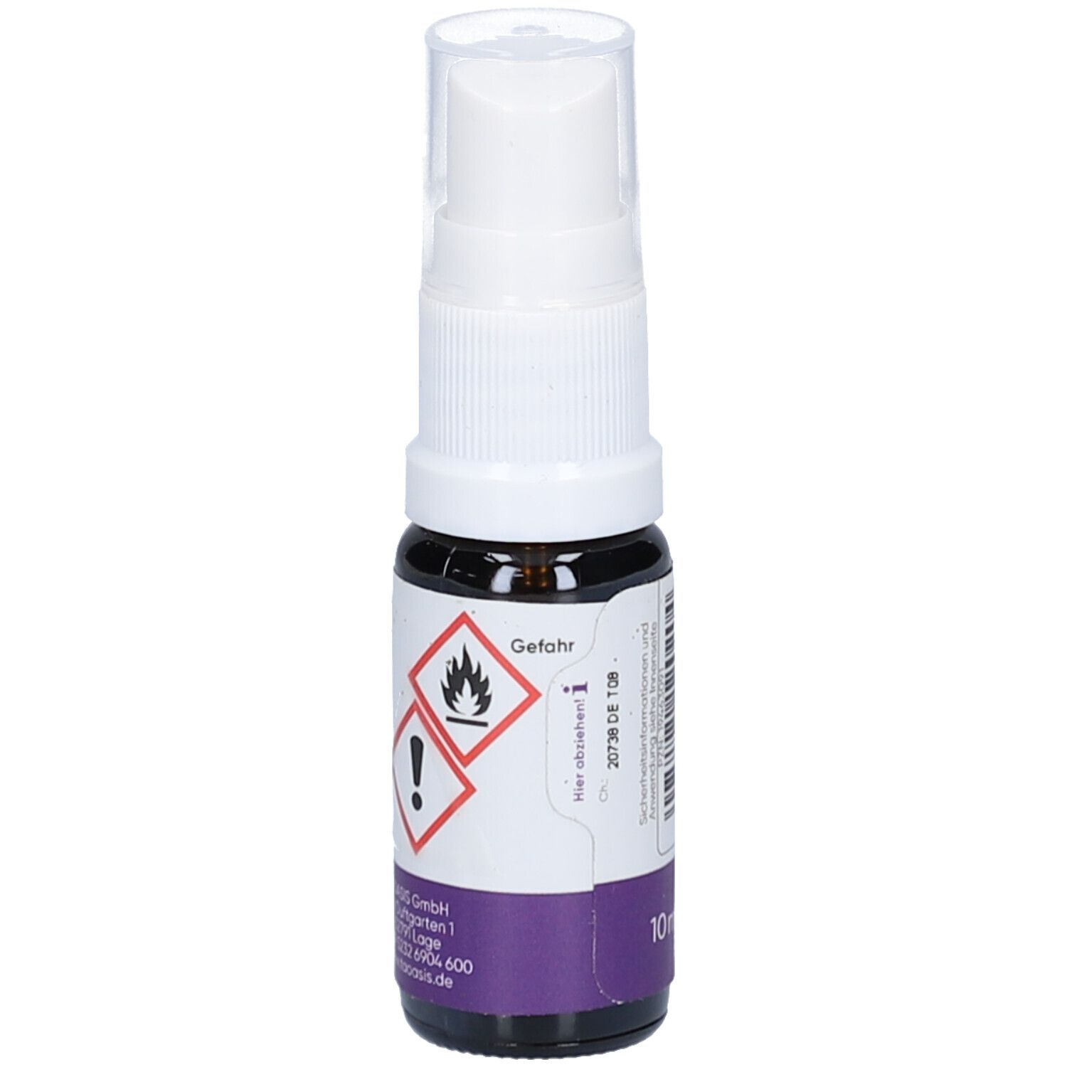 Kleine Sprühflasche mit weißem Sprühkopf und Etikett. Gefahrensymbole. Aufschrift: Lavendel, 10 ml. Marke: TAOASIS.
