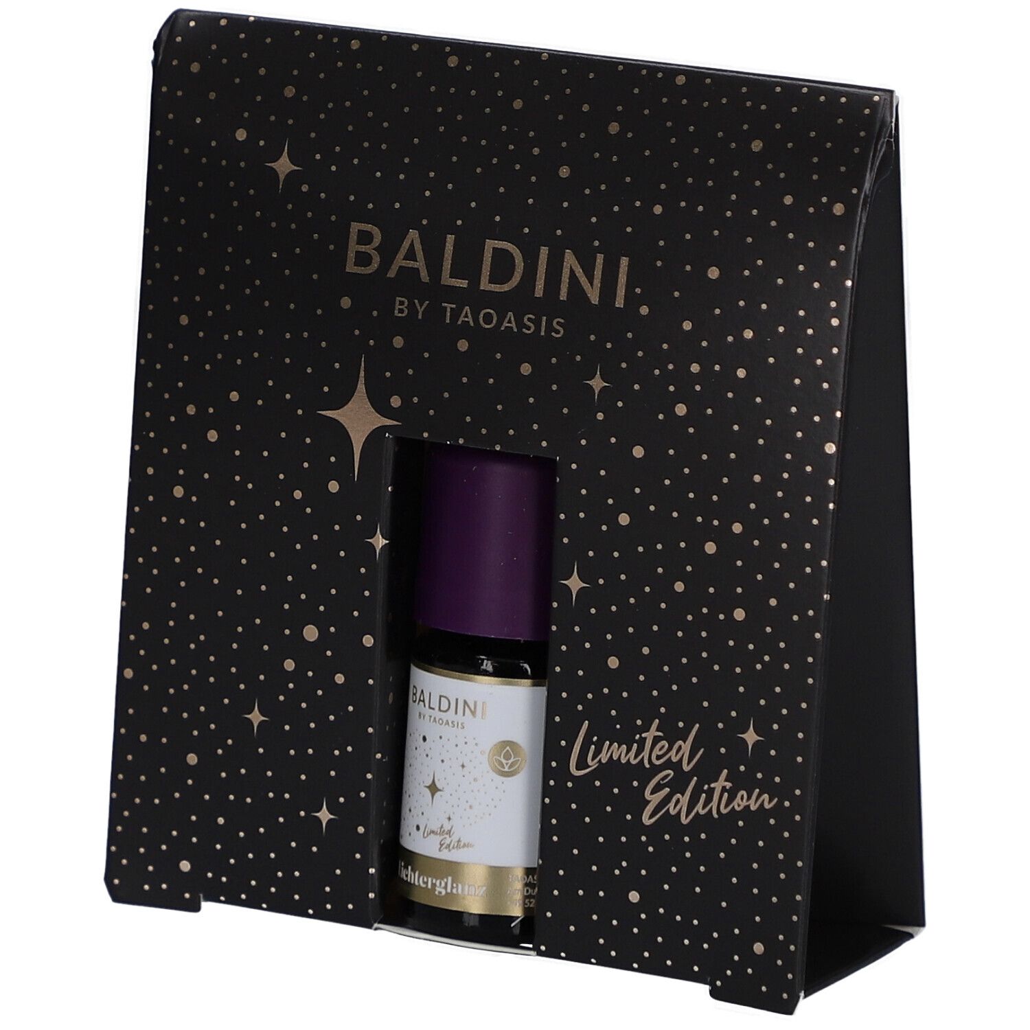 Schwarze Geschenkverpackung mit Baldini-Mini-Duftset. Sichtbar: Flasche mit lila Deckel. Aufschrift: Limited Edition.
