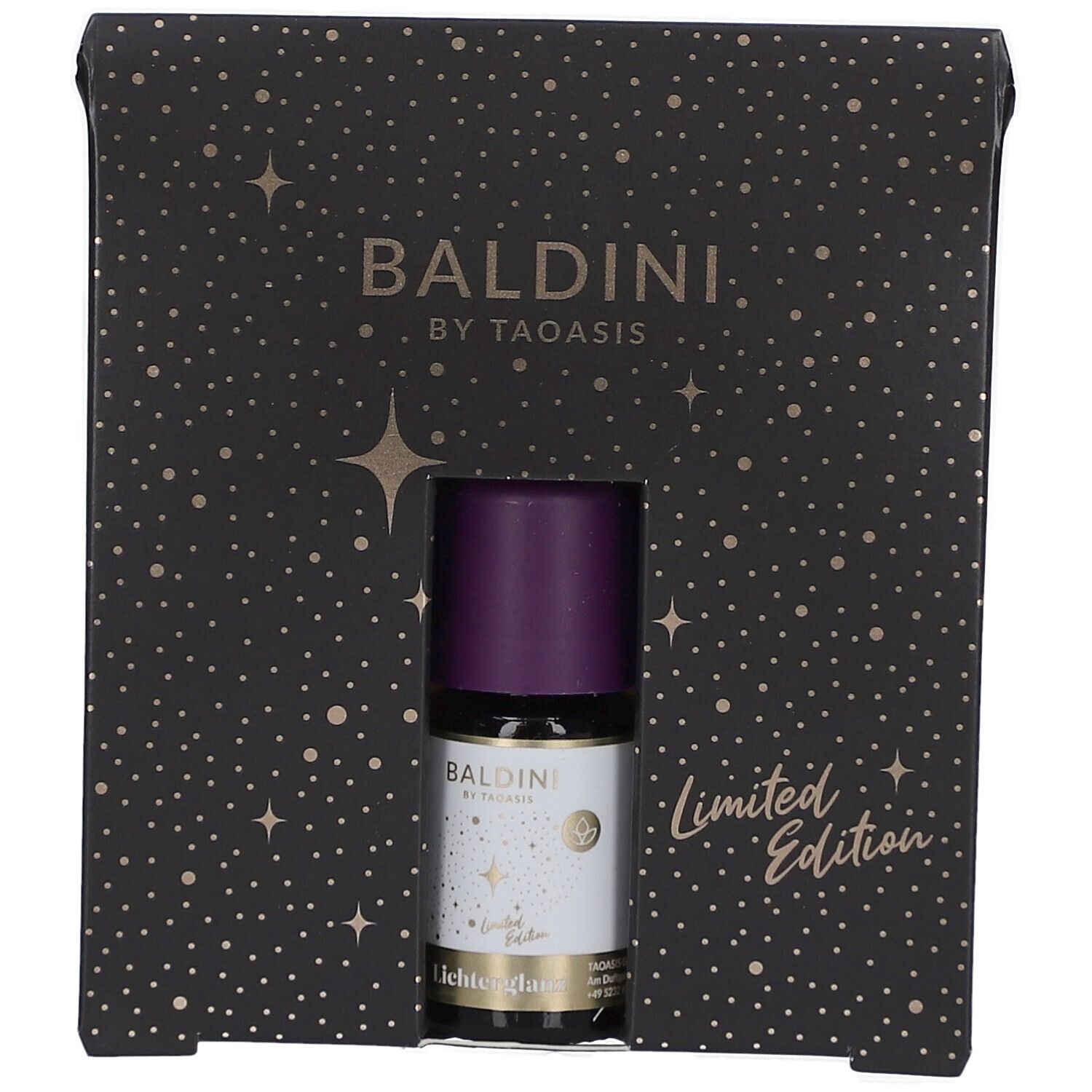 Schwarze Geschenkverpackung mit Baldini-Mini-Duftset. Flasche mit lila Deckel sichtbar. Aufschrift: Limited Edition.