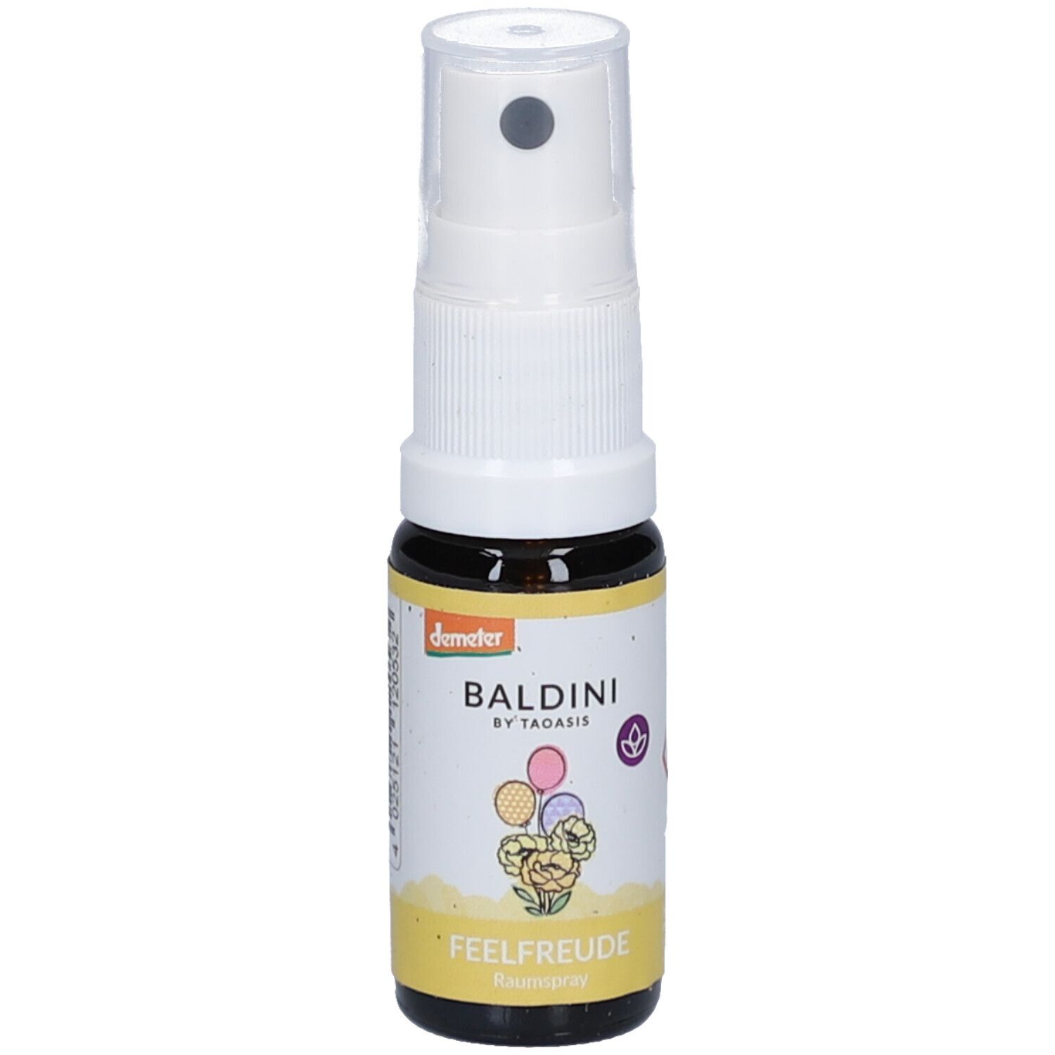 Braune Glasflasche mit weißem Sprühkopf. Aufkleber mit Produktnamen, Logo und floralem Design. Demeter-Zertifizierung.